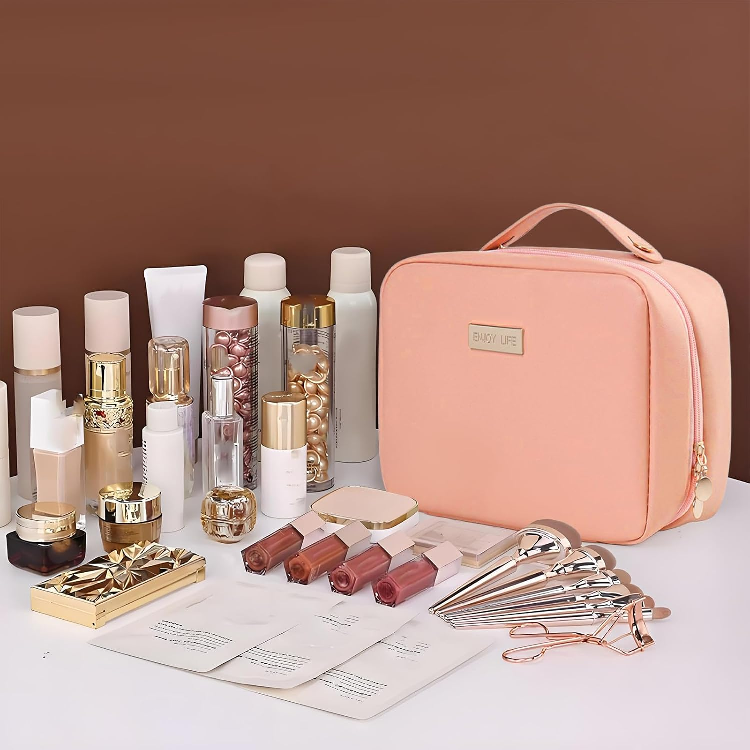 Travel Makeup Bag, Large Capacity Cosmetic Bag, PU Leather Waterproof Cosmetic Bag, Women Portable Travel Makeup Bag with Handle and Free-Standing Brush Holder, Pink, Elegant image number 6