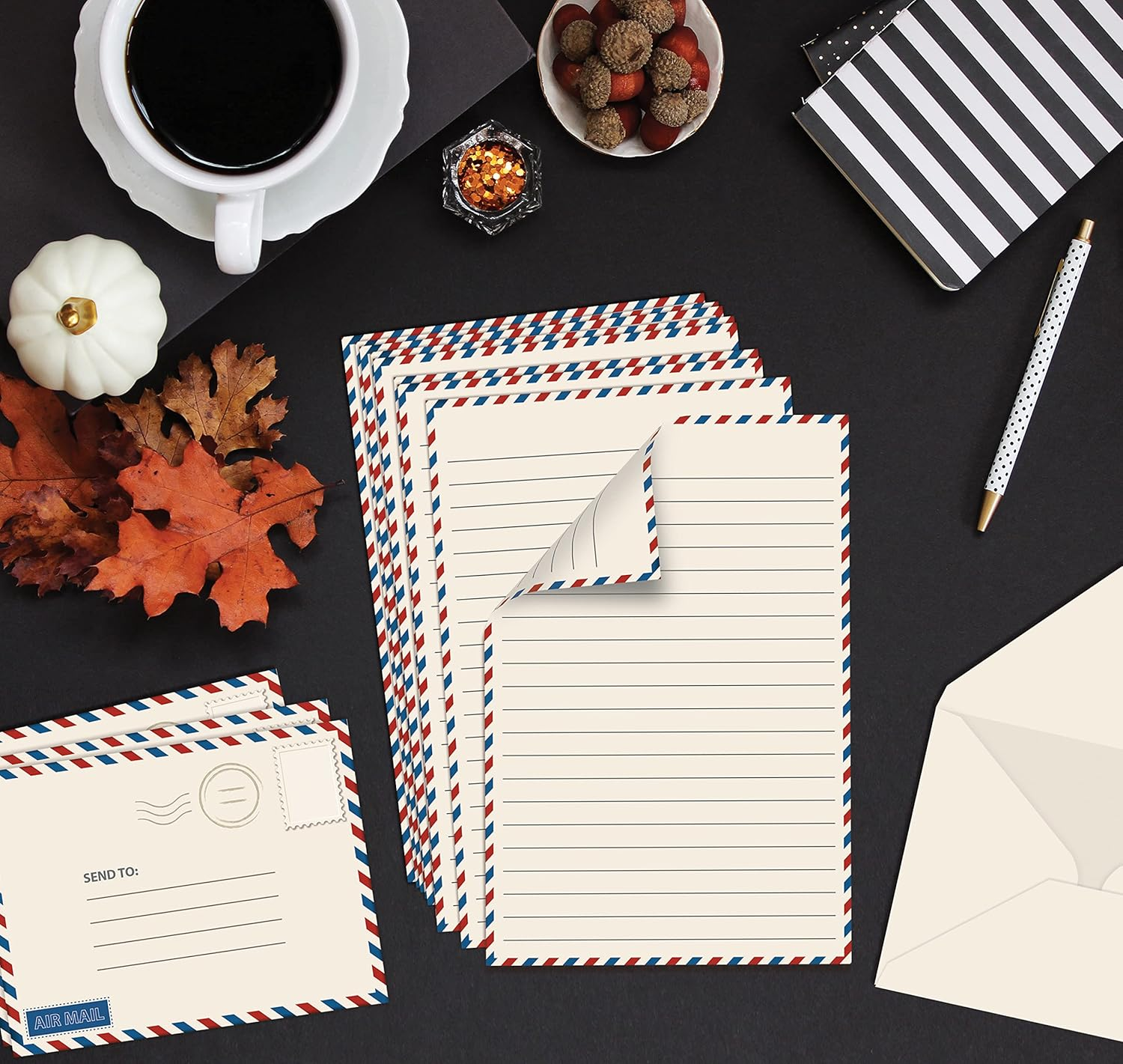 Better Office Products Mini Stationery Set, 100 Piece Set (50 Lined Sheets + 50 Matching Envelopes), 5.5 X 8.25 Inch, Vintage Airmail Design, Double Sided Printing, Double Side Lined Paper, By image number 3