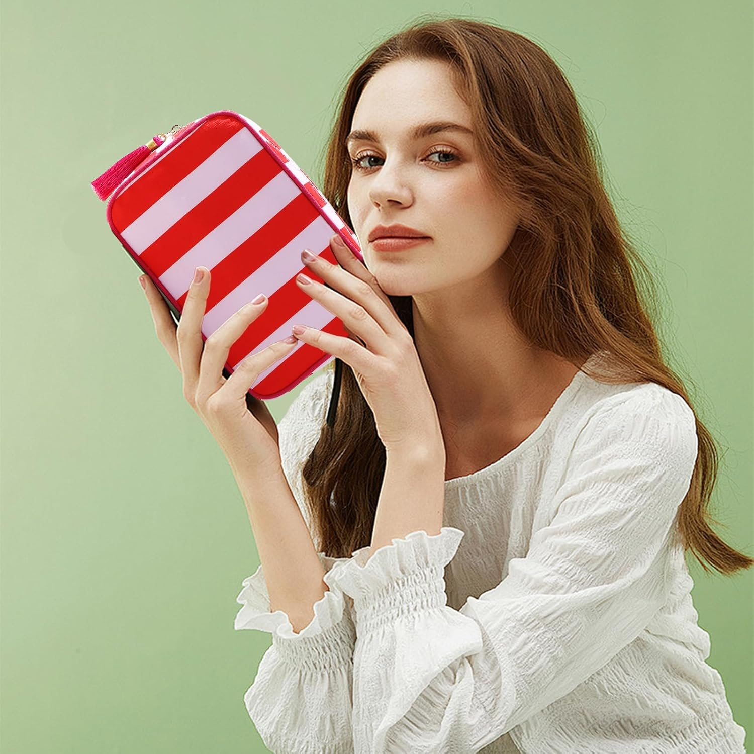 EMBRUNIOICE Stripe Makeup Bag Travel Cosmetic Bag Organizer Tassel Toiletry Bag Large Canvas Zipper Pouch and Accessories Storage Bag for Women, Red& Pink - Blue Bow image number 6