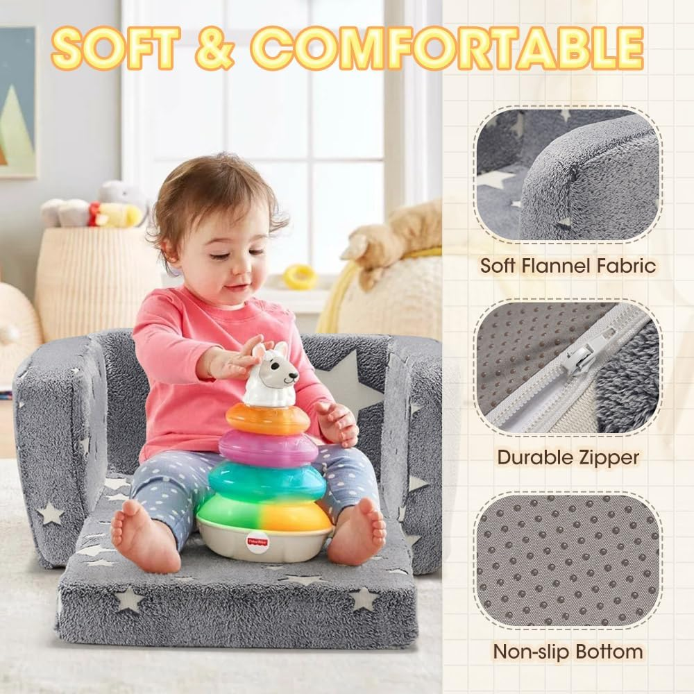 Playpals Kids Sofa Couch 2-In-1 Kids Flip Out Sofa, Convertible Sofa Bed to Lounger with Cute Star Designs, Glow in the Dark, Removable Washable Cover, Kid Couch for Girls Boys, Grey image number 5