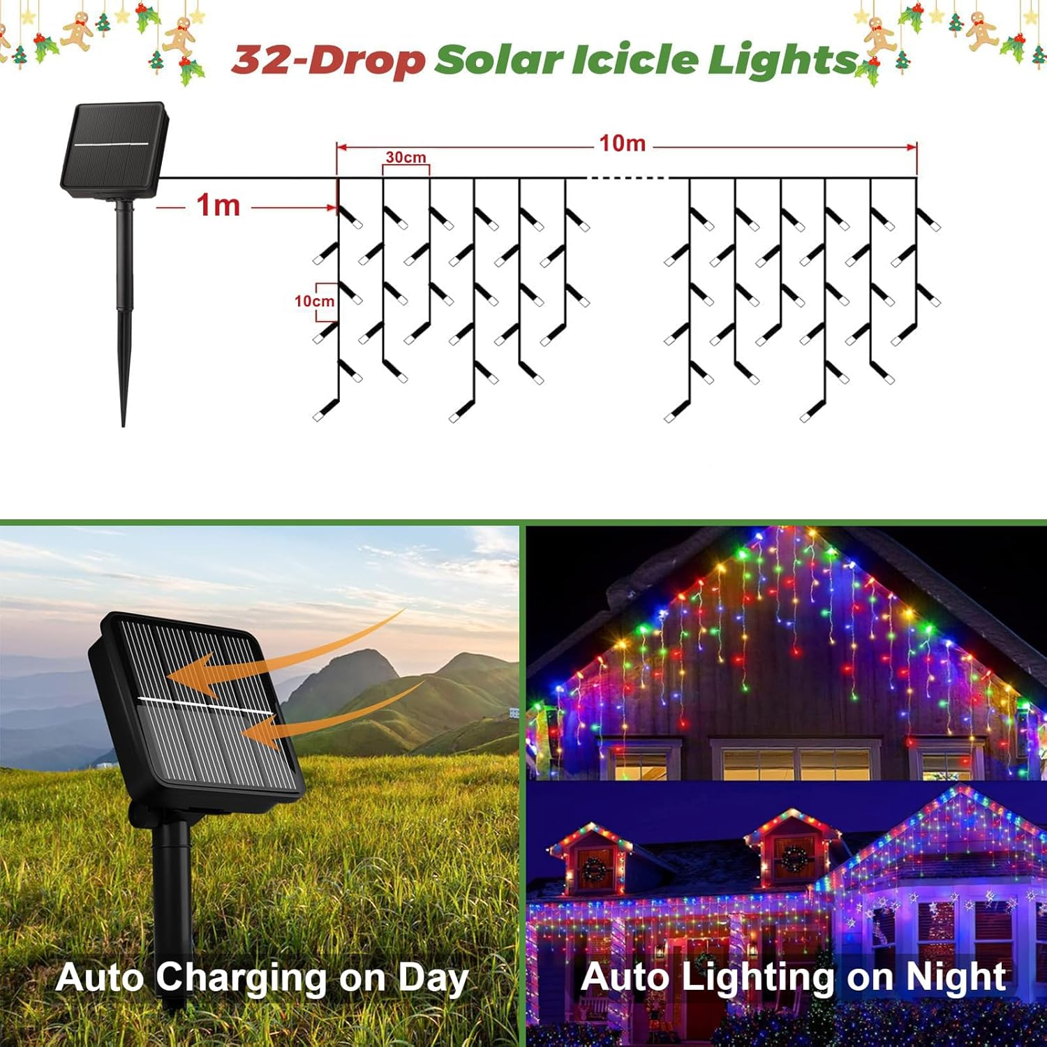 Solar Christmas Icicle Lights Outdoor Decorations, 8 Modes Waterproof Icicle Fairy Lights for outside Holiday, Patio, Balcony, Christmas, Window, House Eaves Decorations, (10M Multicolor) image number 5