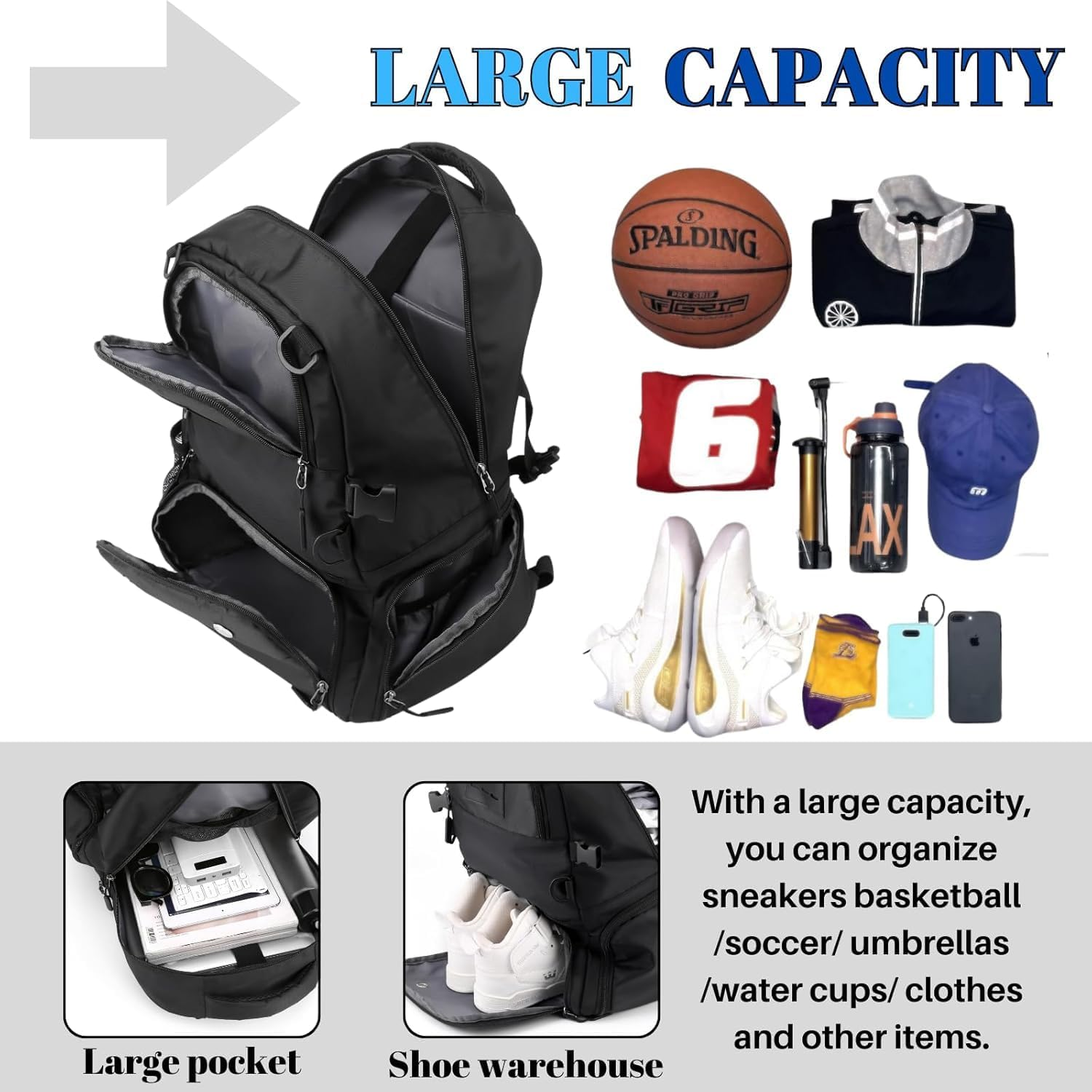 Basketball Bag Soccer Backpack Sports Equipment Bags with Separate Ball Holder&Shoes Compartment&Shoe Organizer for Volleyball image number 1