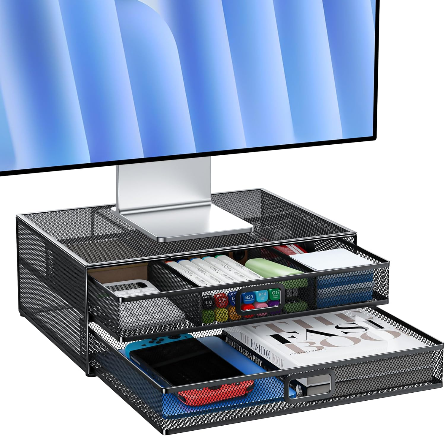 Auvo Metal Monitor Stand Riser with Two Drawers, AMS02 Computer Desk Organizer for Laptop, Computer, Imac, Black image number 4