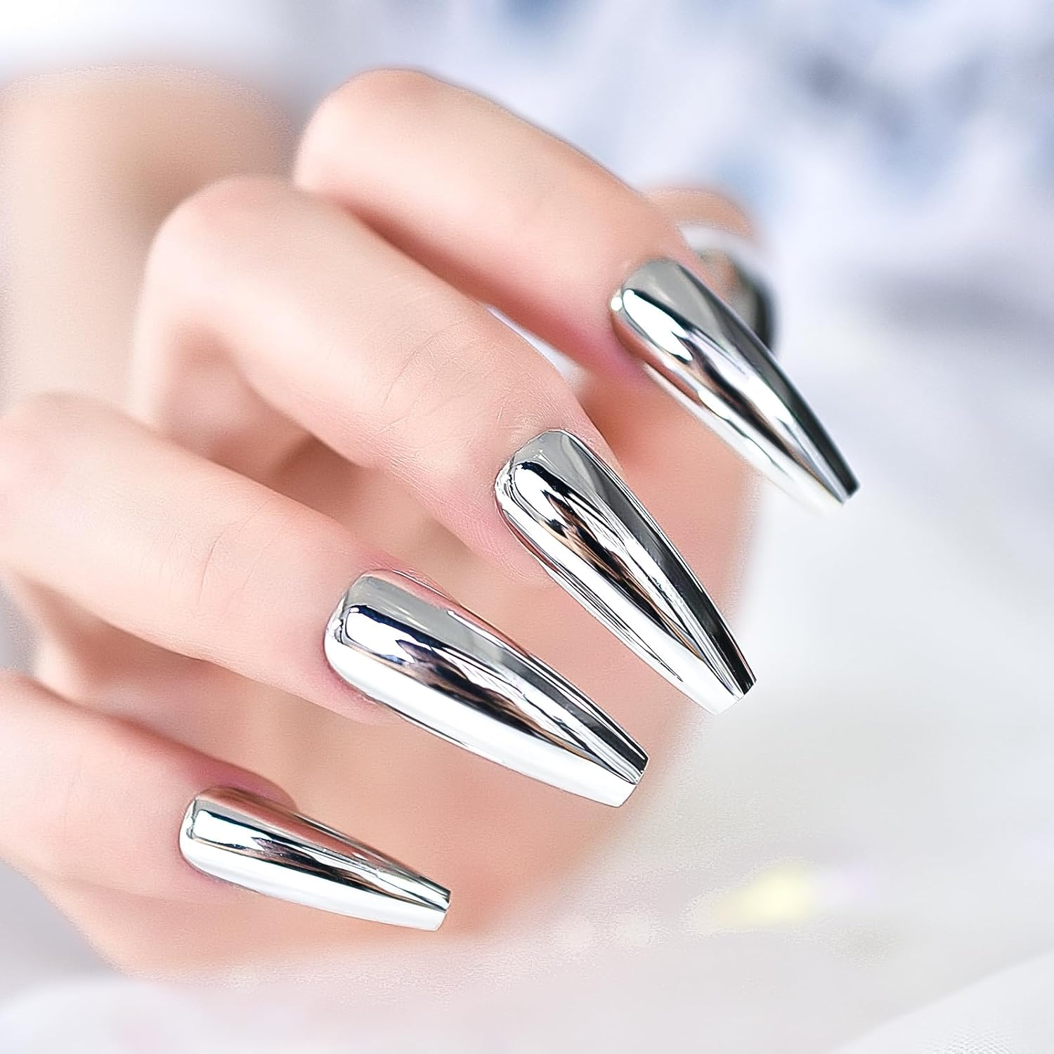 Imabc Silver Punk Metallic Press on False Nails Long Coffin Ballerina Chrome Mirror Fake Nails Full Cover Acrylic Nail Tips with Glue Tape for Women and Girls image number 5