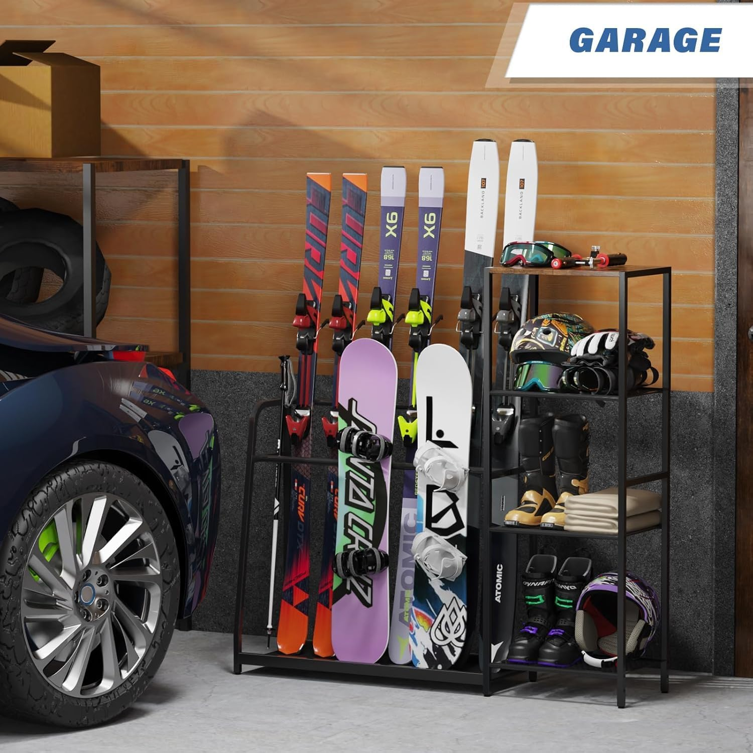 Yoimori Freestanding Snowboard Rack - 4 Pair Ski, 3 Pack Snowboard, Boot, Pole, Goggles, Helmet Rack for Garage, Shed, Basement image number 3