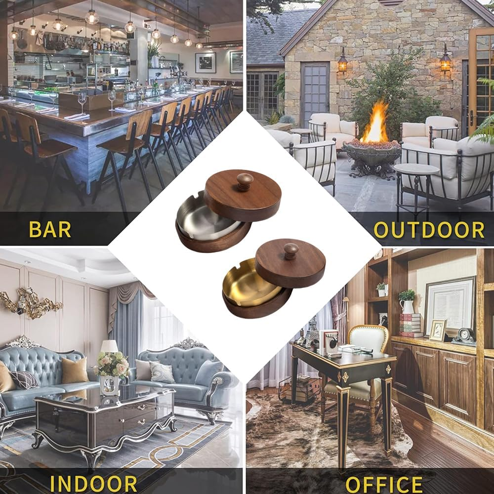 Paifeancodillwooden Ashtray with Lid and Stainless Steel Liner, Portable Ash Tray for Indoor Outdoor Use, Home Office Balcony Parties, Elegant Design (Silvery) image number 6