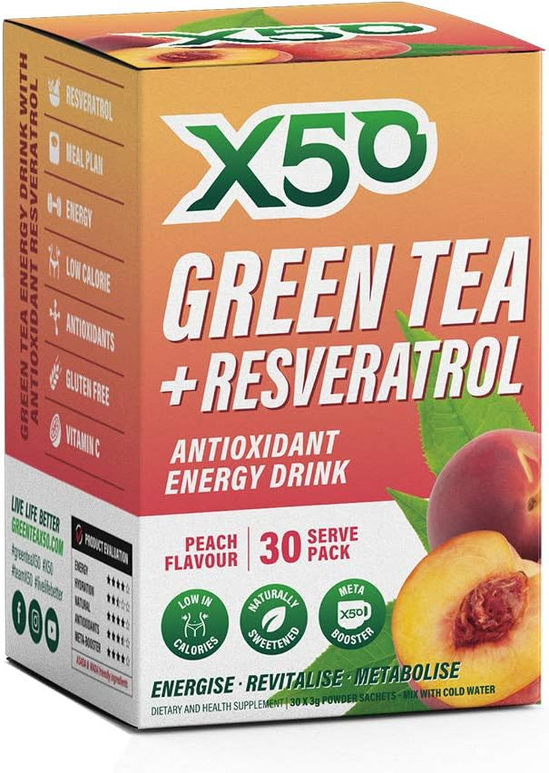 Green Tea X50 Green Tea & Resveratrol Mango Energy Drink Powder 30 Sachets, Energy, Antioxidants, Fat Burner,, Mango 90 Grams