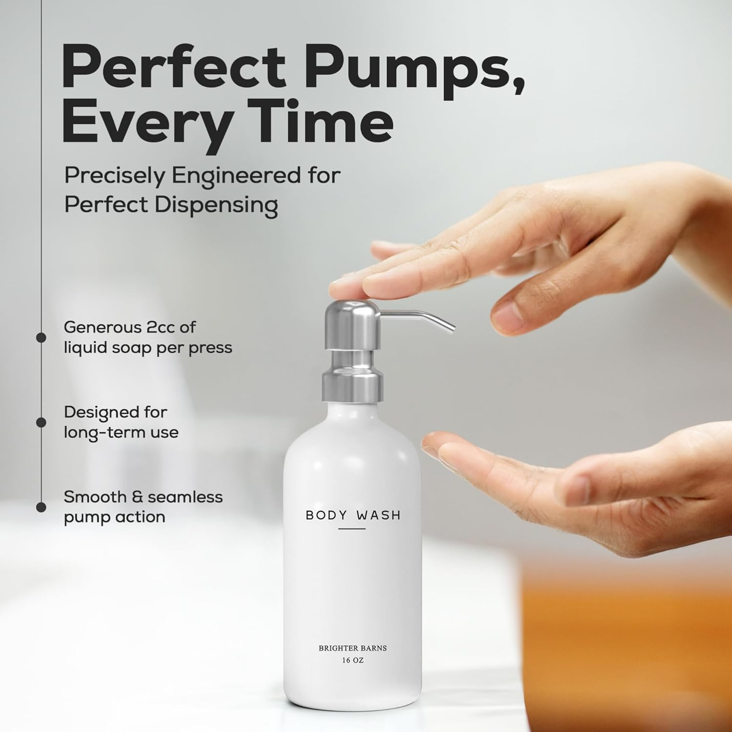 White Shampoo and Conditioner Dispenser Set by Brighter Barns - Shower Dispenser for Bathroom - Refillable Plastic Shampoo Bottle & Stainless Steel Pump - Shampoo Dispenser for Vacation Rental (White) image number 1