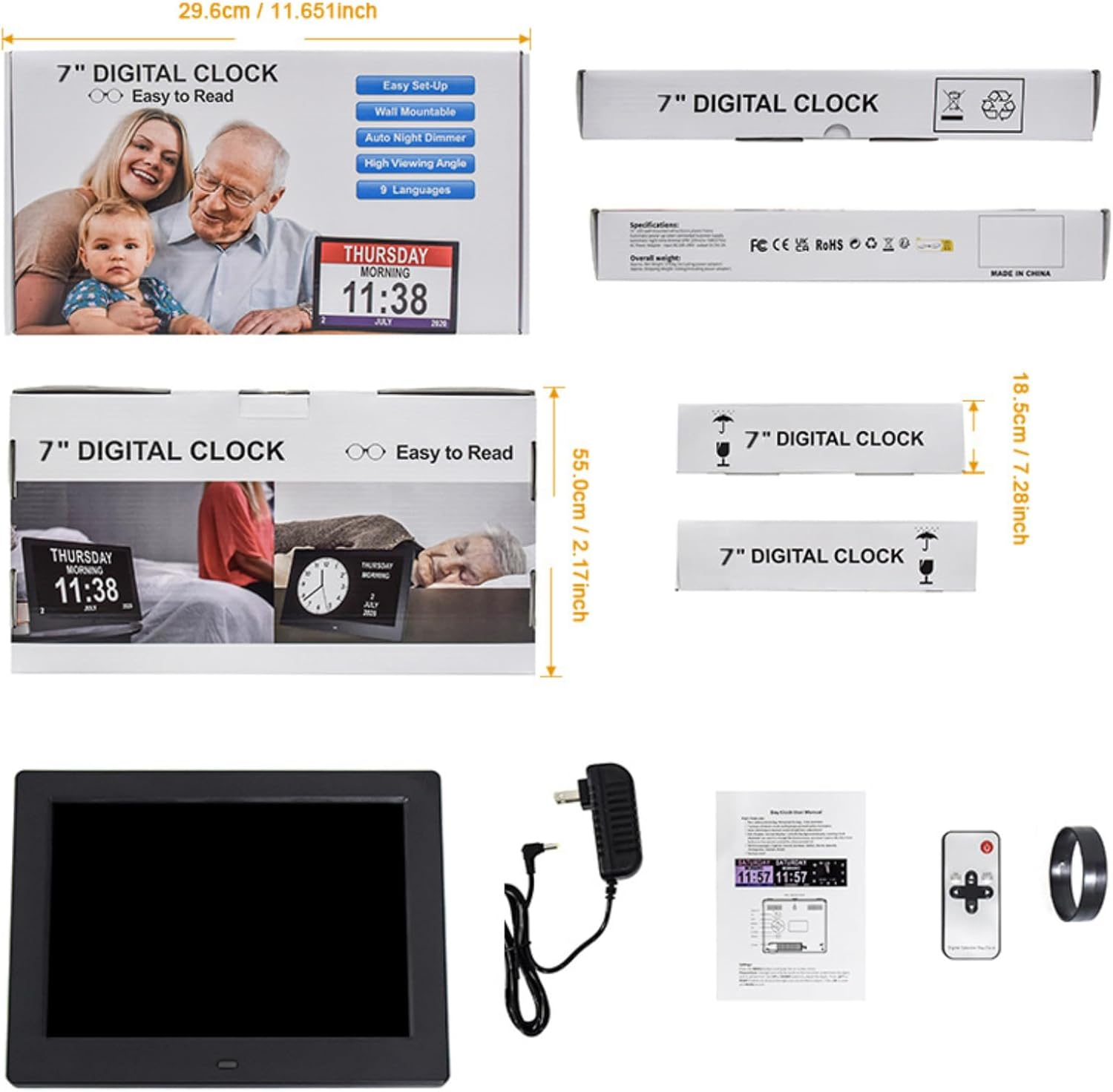 Digital Calendar Alarm Day Clock - 7" LED Dementia Clock Large Screen Display, 12/24Hr Remote Control for Extra Large Aged Seniors, Home D&eacute;cor Desk, Wall Mounted Black/White (White) - White image number 3