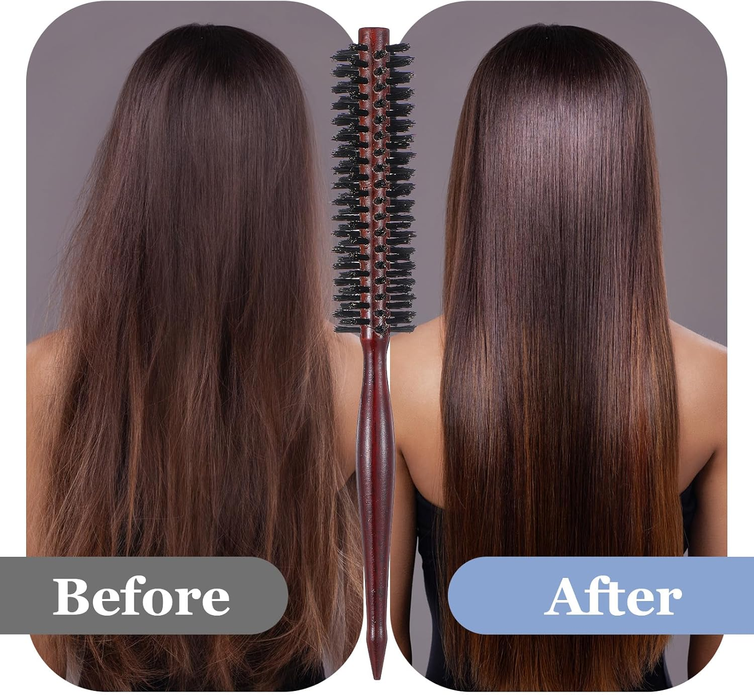 Wanmu 2 Pcs Boar Bristle Hair Brush, Small Natural Bristles round Brushes Roller Beard Hairbrush with Wood Handle for Women Men Blow Drying, Styling, Thin or Short Hair, Restore Shine image number 1