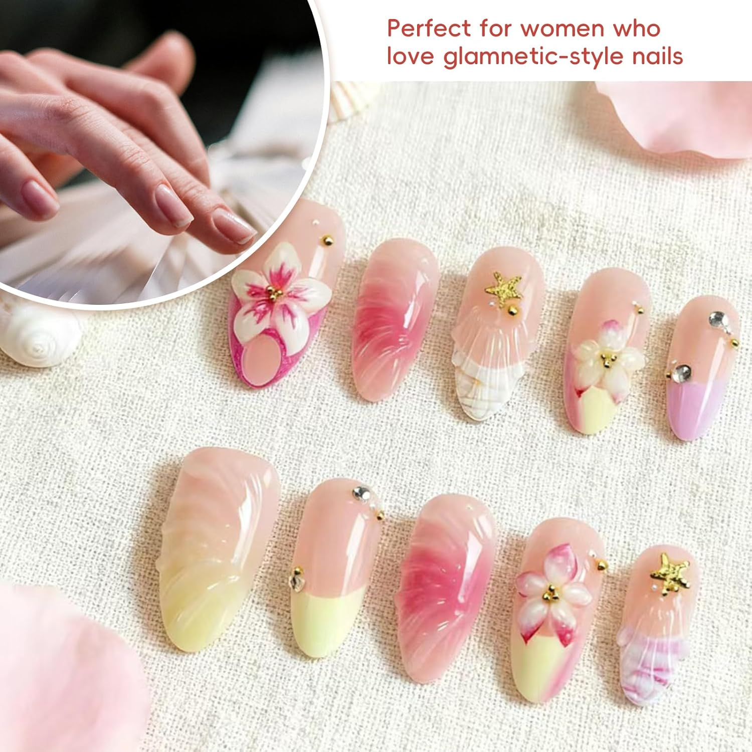 Xlihdzum French Tip Press on Nails Medium Almond - 3D Hawaii Hibiscus Flower Acrylic Fake Nails with Gold Shell Starfish Design | Glossy Glue on Nails for Women - Elegant and Durable Fake Nails image number 1