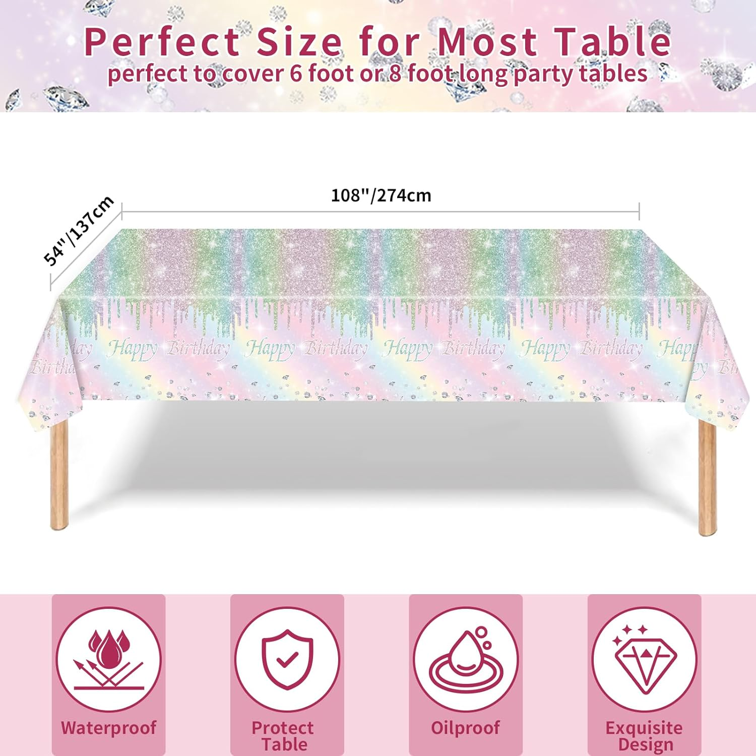 Diamond Birthday Party Supplies,Colorful Glitter Paper Plates and Napkins Tableware with Tablecloth,For Girls Women Birthday,Serves 25 Guests image number 5