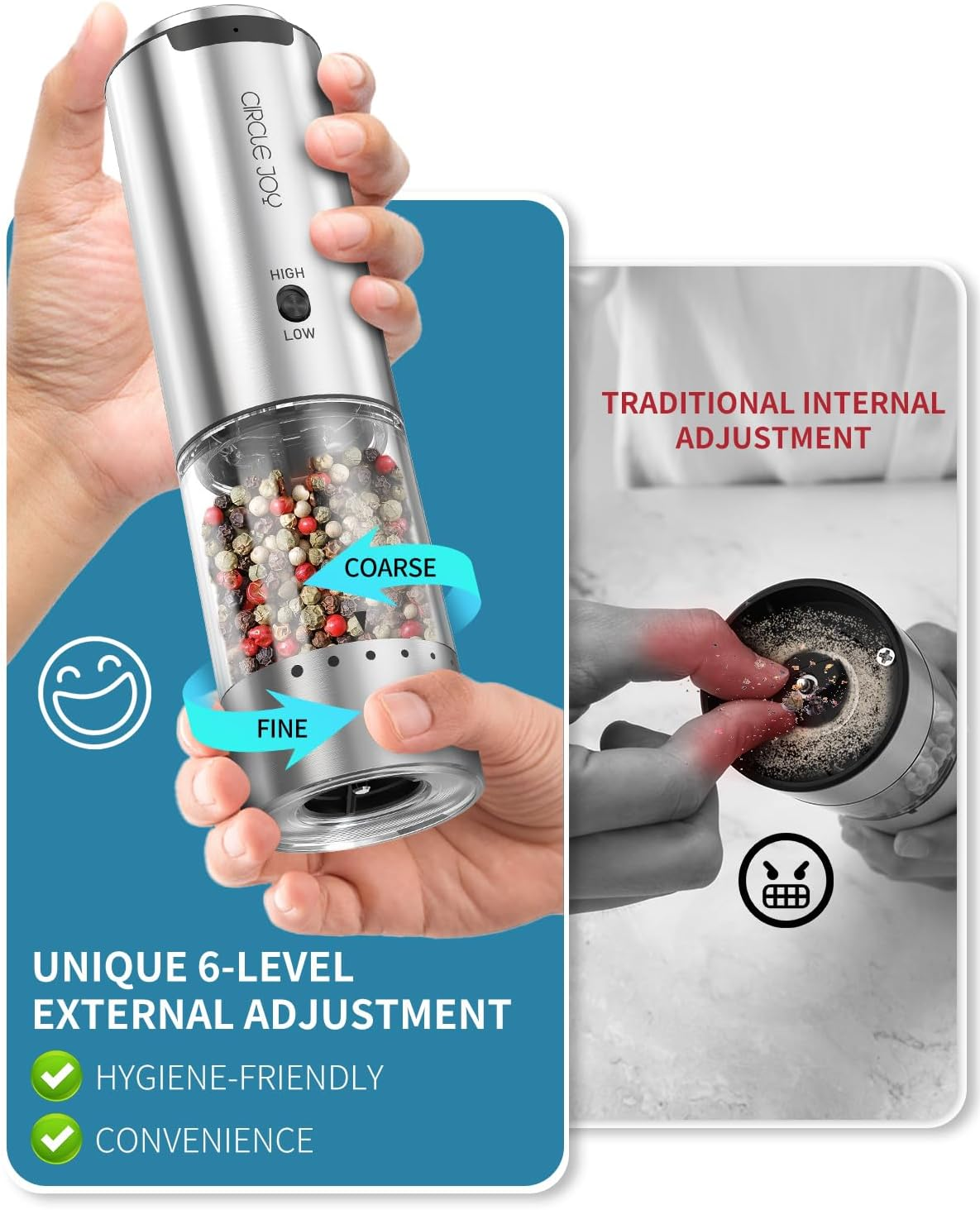 CIRCLE JOY Salt and Pepper Grinder Set Electric Rechargeable Speed Control Pepper Mill Set with Portable Dual Charging Station, External Adjustable Coarseness, 95ML Spice Container image number 4