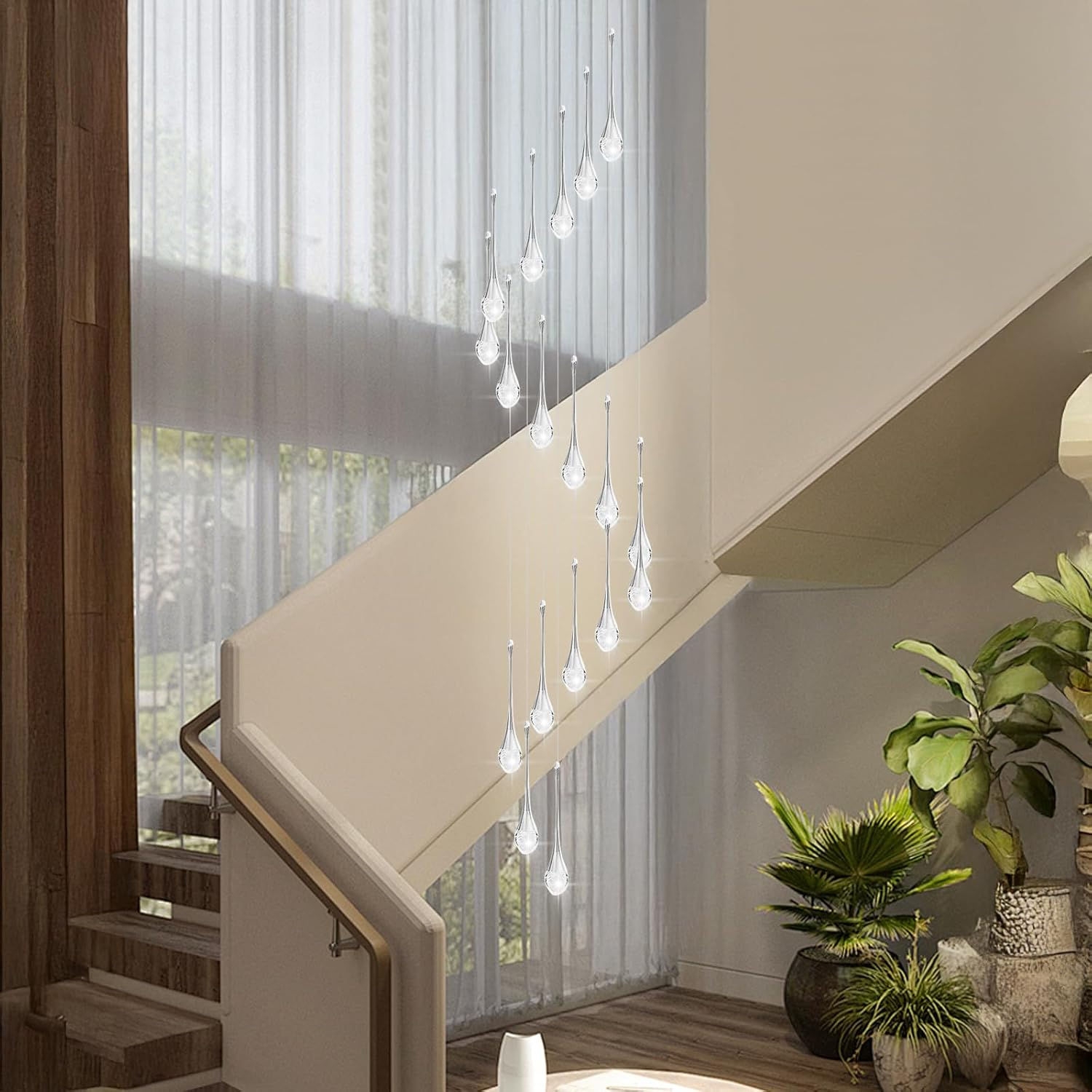 USOR 12-Light High Ceiling Chandeliers LED Modern Gold Crystal Raindrop Chandelier for Staircase Entryway 3 Colors Dimmable Spiral Large Pendant Light Luxury Chandelier for Living Room Lobby Remote image number 2