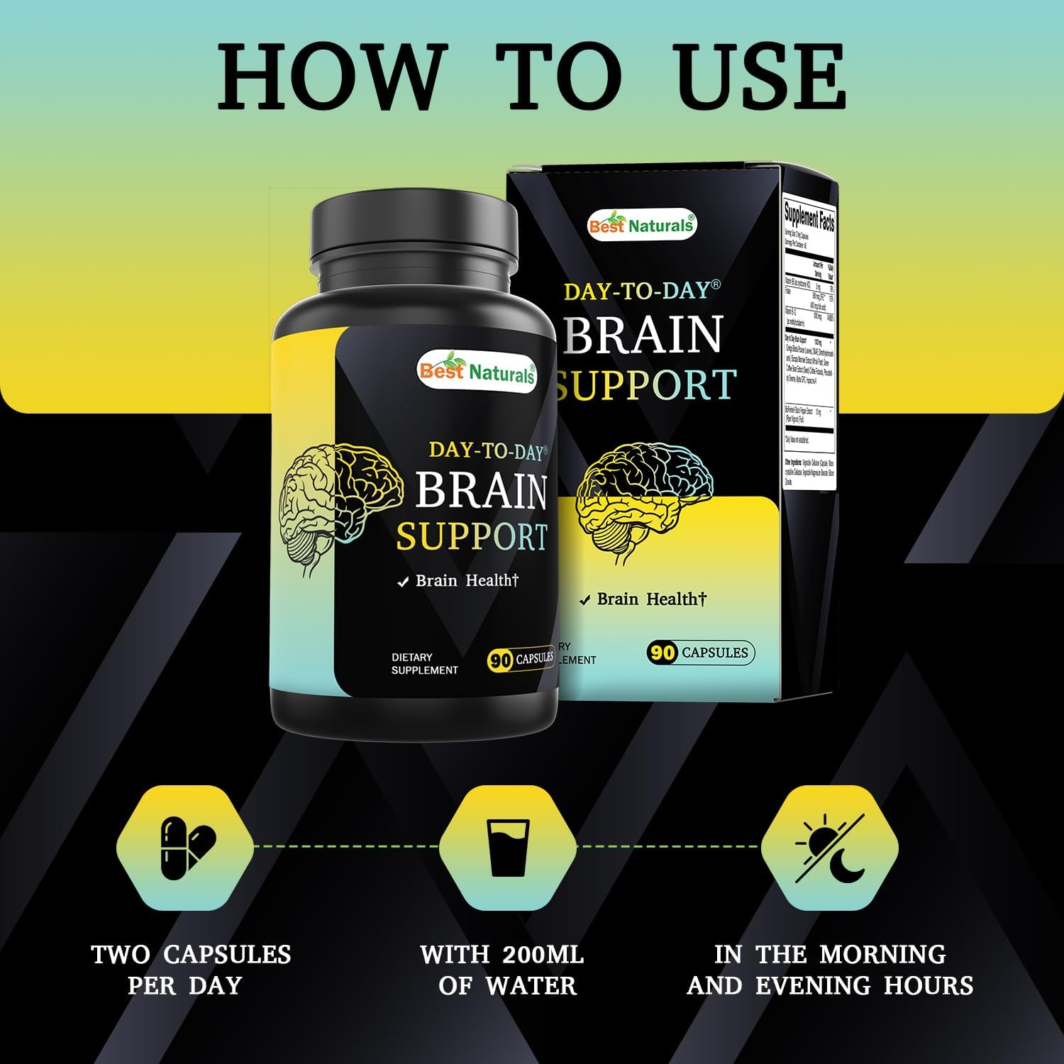 Best Naturals Day-To-Day Brain Support Supplement with Ginkgo Biloba, DMAE, Bacopa, Green Coffee, Phosphotidyl Serene, Alpha GPC, Huperzine A, Folate, B6, & B12 90 Veg Capsules