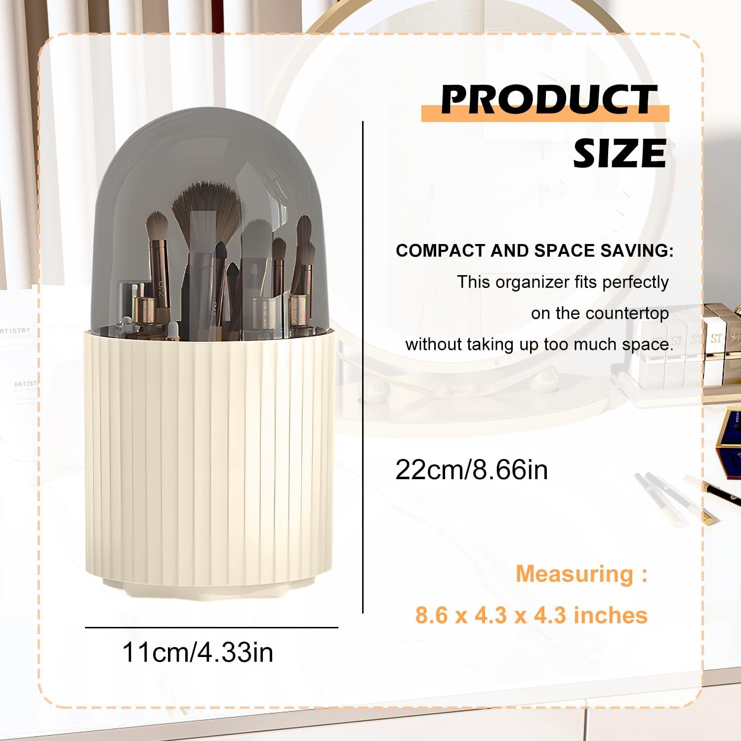 TORMEN Makeup Brush Holder Organizer with Lid 360&deg; Rotating Dustproof Compartment Cosmetic Display Case for Vanity Bathroom Countertop (White) image number 3