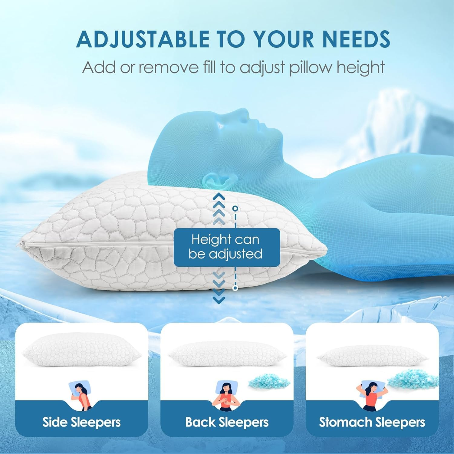 Yukaione Cooling Memory Sponge Debris Pillow, Adjustable Loft & Firm Support, Ergonomic Neck Pain Relief for Side, Queen Size 2Pcs | Cooling Pillow for Hot Sleepers Back/Side/Stomach Sleepers image number 6