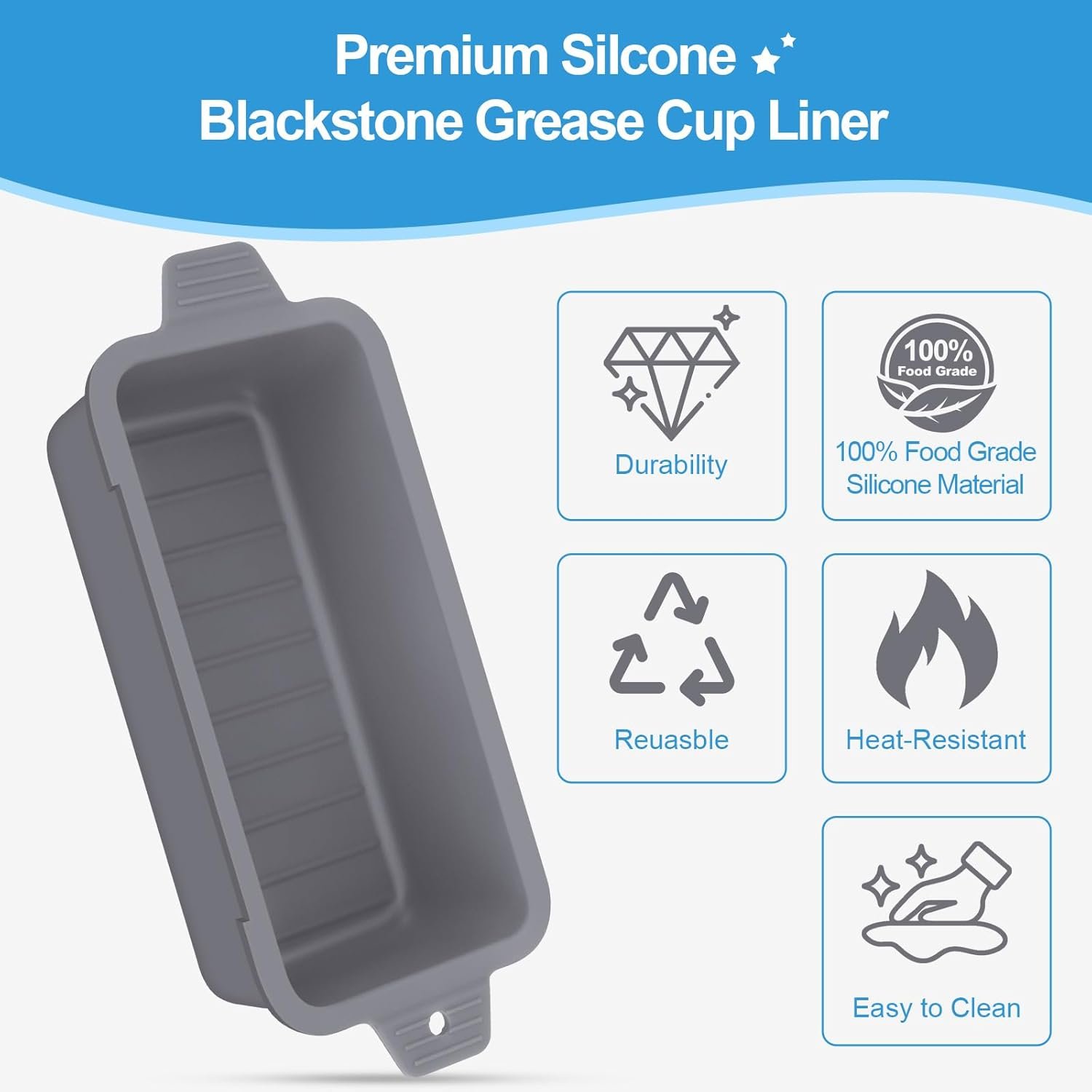 2 PCS Silicone Grease Cup Liners for Blackstone 36 28 22 17 Inch Griddle,Reusable Grease Catcher Cup Liner Grill Grease Tray,Durable Drip Pans Blackstone Griddle Accessories,Grey image number 5