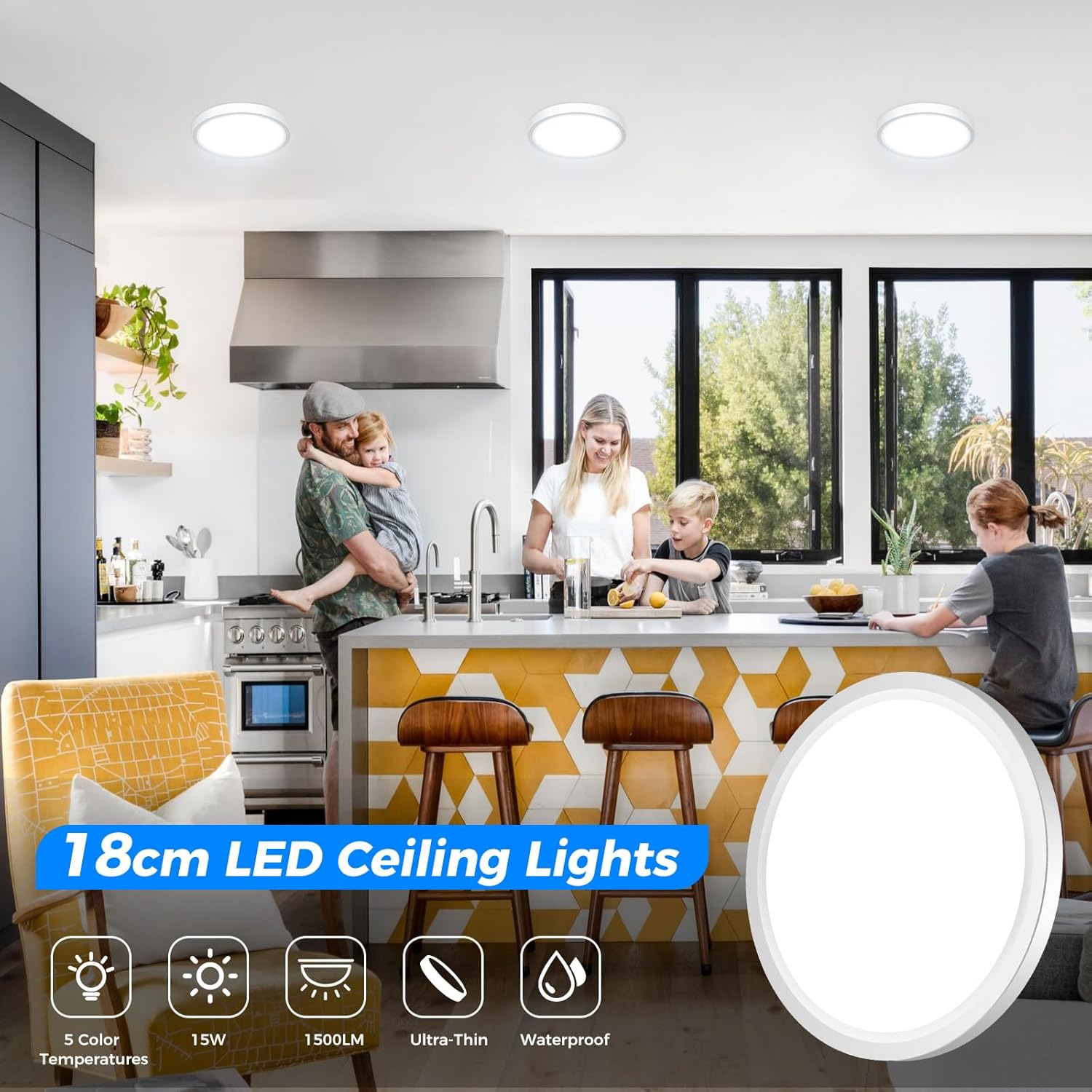 Peasur LED Ceiling Light, 15 W 1500LM Bathroom Ceiling Light, 5 Colours (3000K, 3500K, 4000K, 5000K, 6500K) & IP54 Waterproof round Ceiling Light for Kitchen, Bedroom, Hallway, Garage, Balcony image number 1