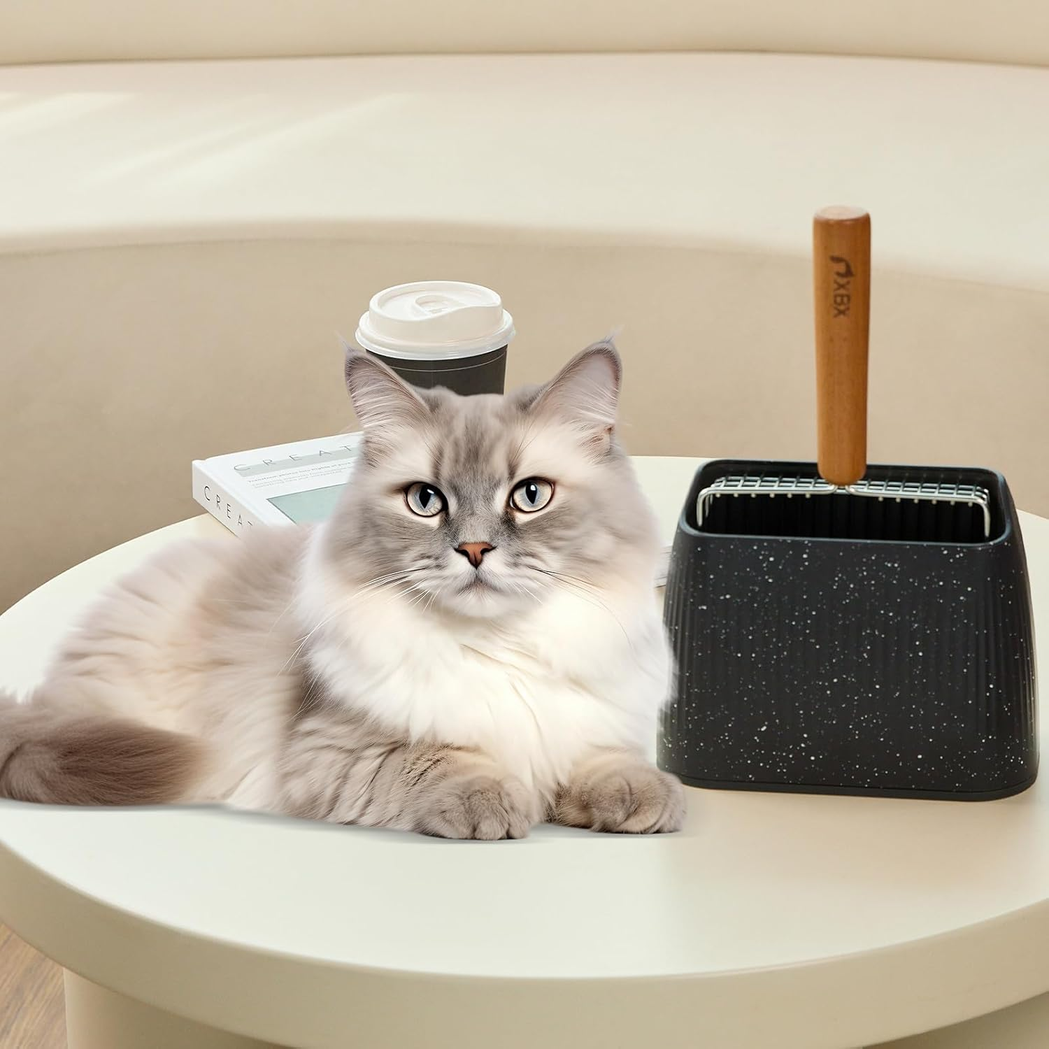 Cat Litter Scoop with Holder, Heavy Duty Litter Sifter, Stainless Steel Litter Shovel, Litter Scooper with Beech Wood Grip and Washable Stand, Perfect for Cat Litter Box Cleaning