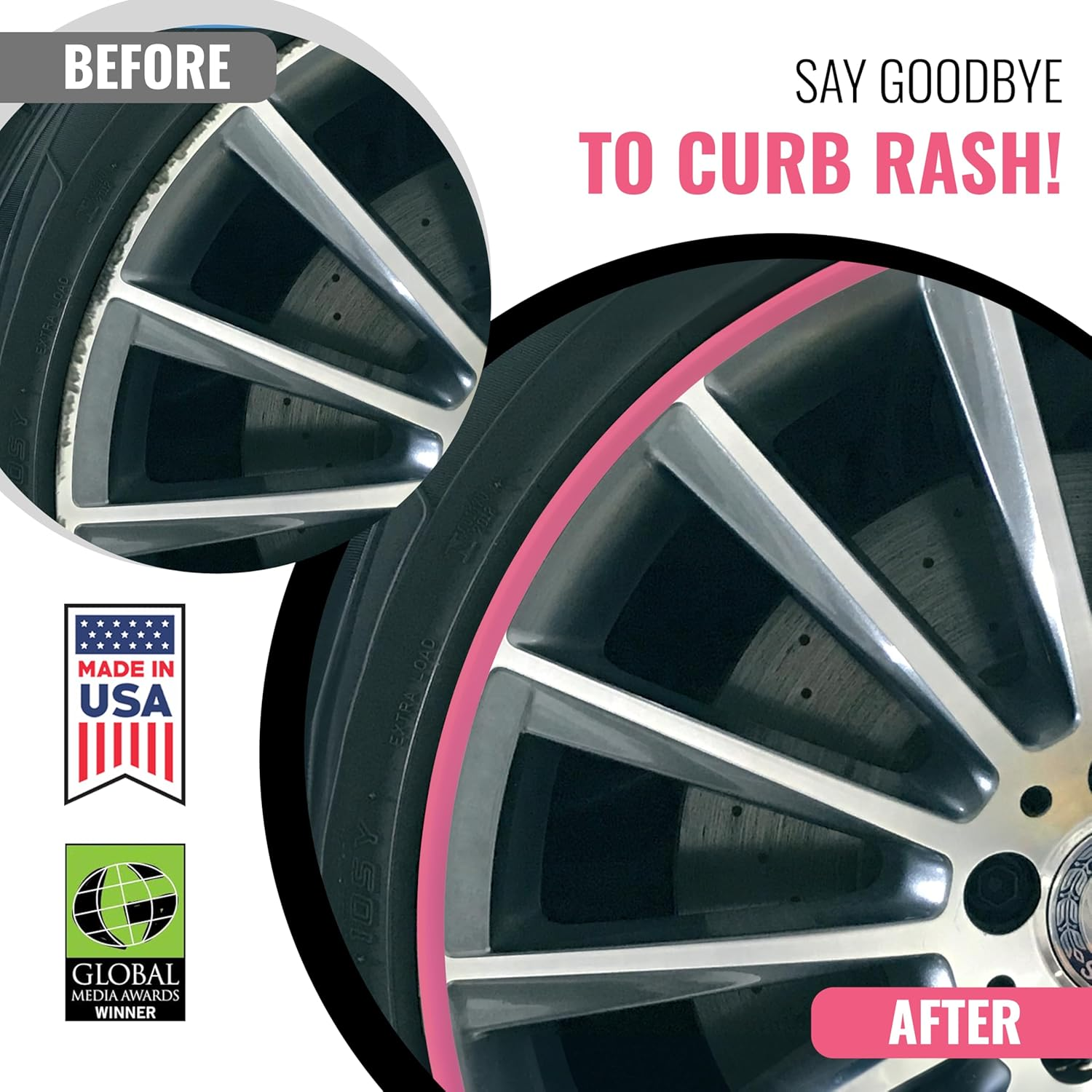 All-Fit Rim Trim Wheel Protection Strips for Curb Rash and Wheel Scratch Prevention &ndash; Made in the USA &ndash; Universal Fit (Pink) - Black image number 4