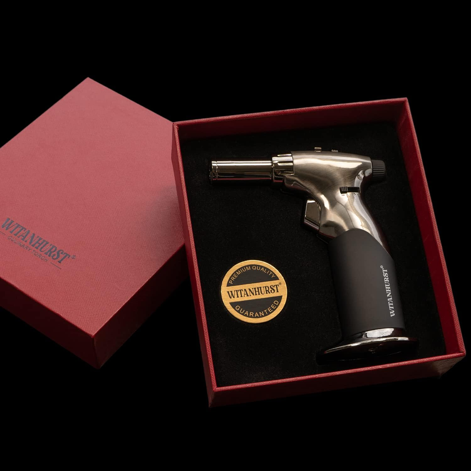 Dual Flame Butane Torch Gun - Refillable Luxury Hand Held Mini Blow Torch for Cooking, Creme Brulee, Soldering, Welding, & Resin Art - Adjustable Flame with Ignition Lock - Steel Black image number 1