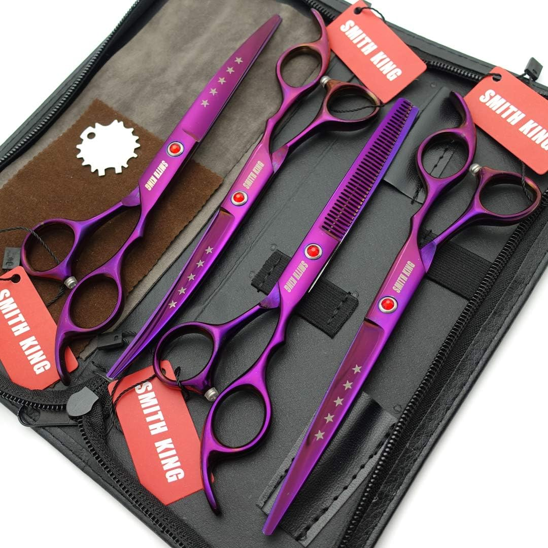7.0In Professional Pet Grooming Scissors Set,Straight & Thinning & Curved Scissors 4Pcs Set for Dog Grooming (Violet) - Black image number 6