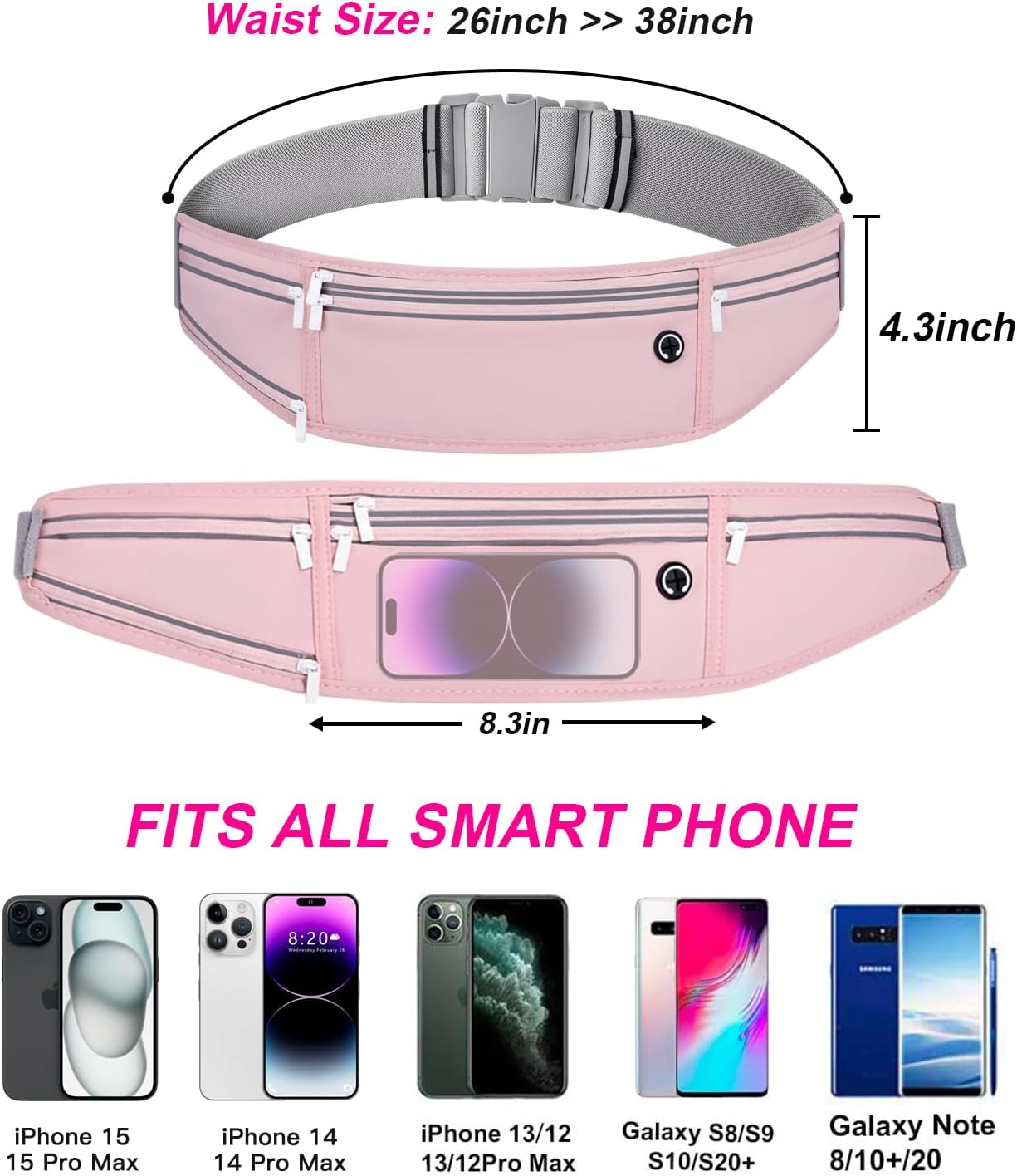 Slim Running Belt for Women Men,Runners Fanny Pack Phone Holder,Money Belt,Running Gear Accessories,With 3 Pockets (Jet Pink) image number 5