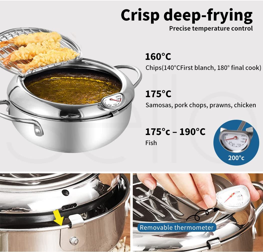 TOQUE 24Cm Japanese Deep Frying Pan Pot Thermometer Kitchen Tempura Fryer Silver, 304 Food Grade Stainless-Steel Pan, Easy to Clean Non Stick Frying Pan, Deep Fryer Cookware, Precise Thermometer image number 4