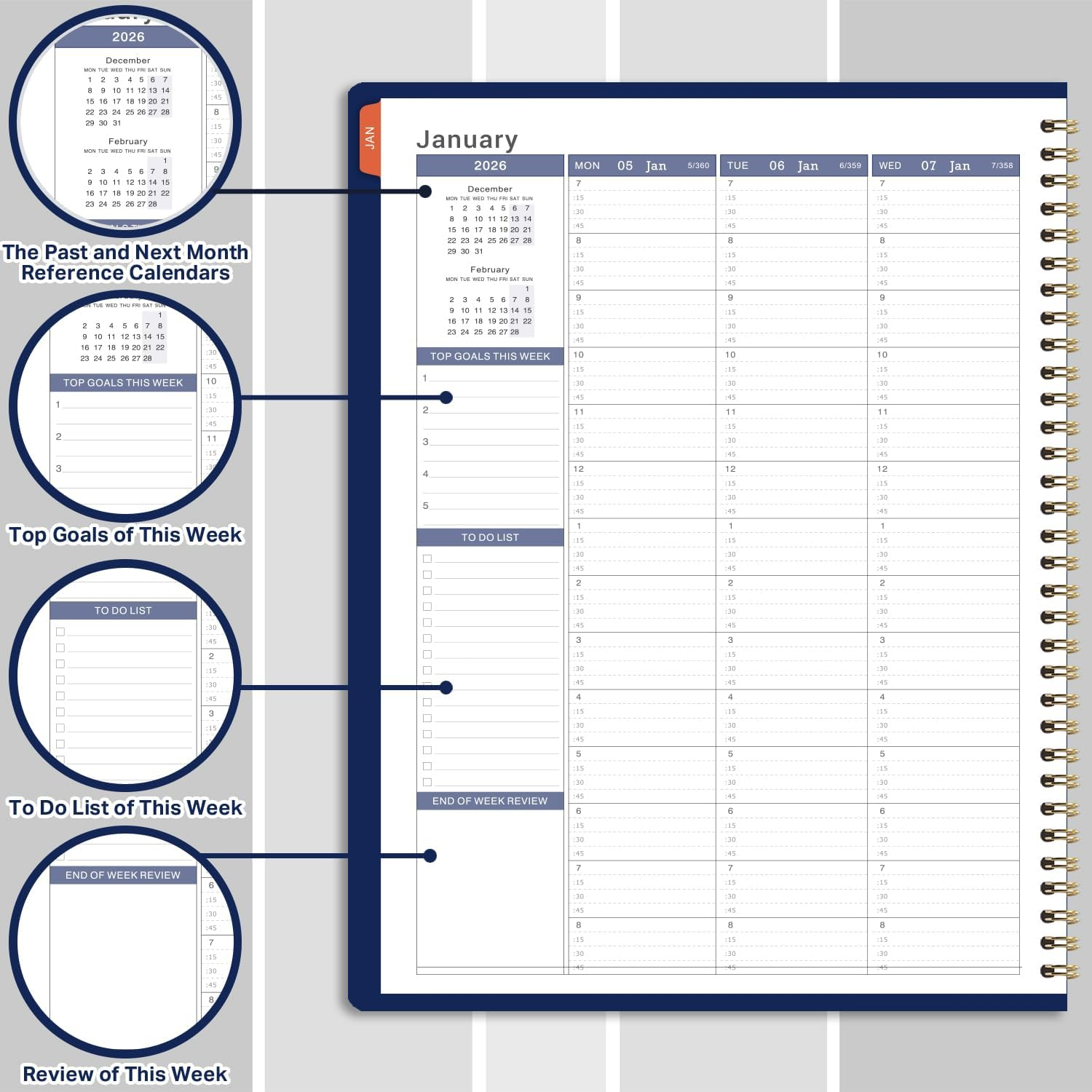 2026 Appointment Book - 2026 Diary from Jan 2026 - Dec 2026, A4 Week to View Appointment Diary 2026, Hourly Planner 2026 in 15 Minutes Times Slots, with Soft Leather Cover, 21.8 X 29 Cm, Colorful Tabs image number 5