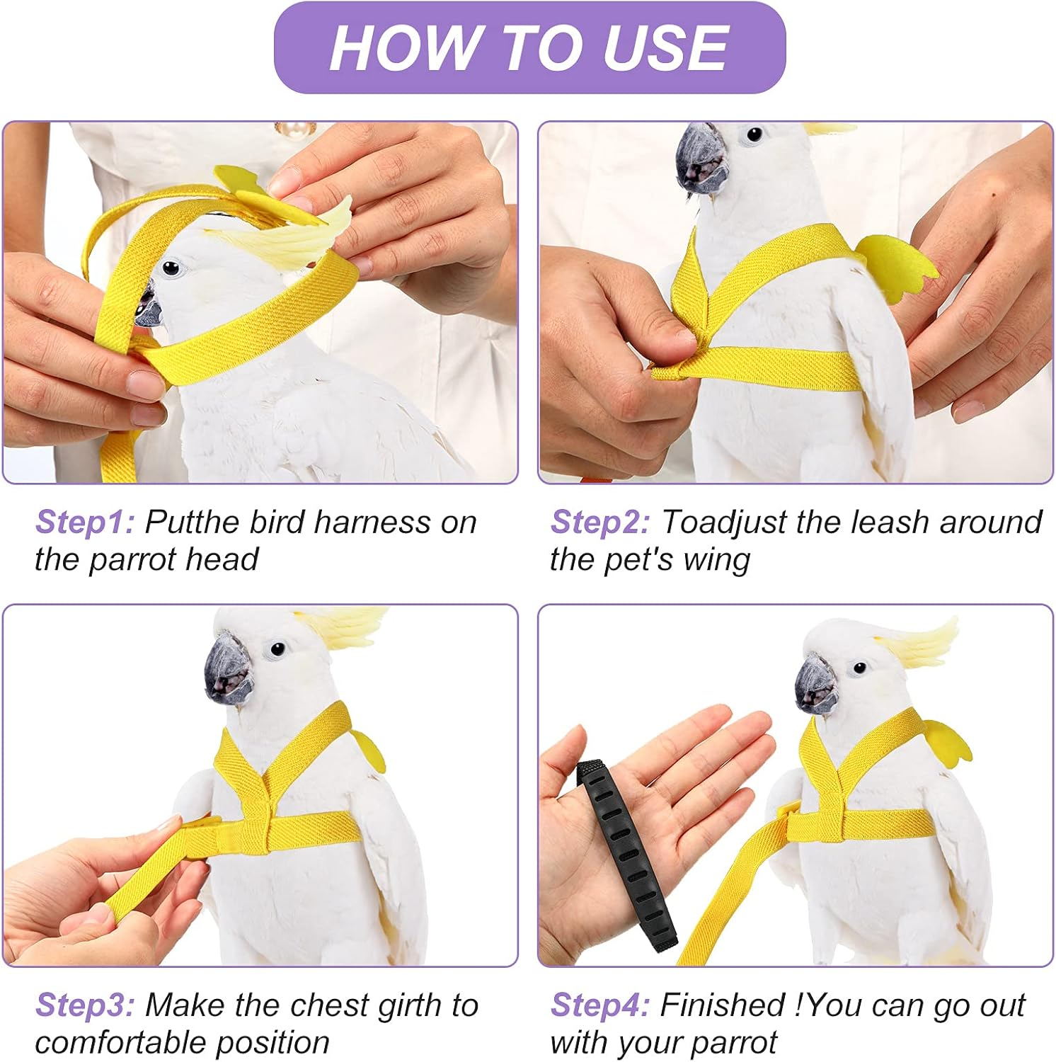 4 Pieces Pet Parrot Bird Harness Leash Adjustable Bird Flying Harness Traction Rope with Cute Wing for Parrots Pigeons Budgerigar Lovebird Outdoor Training Toy (Pink, Yellow, Light Purple, Cyan,S) image number 5