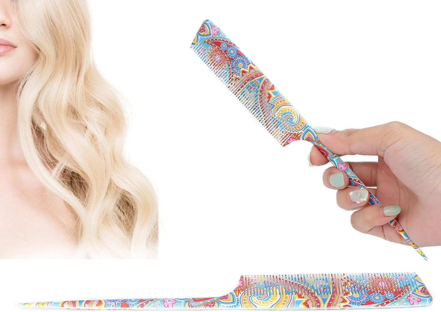 Ejoyous 8.9 Inch ABS Rat Tail Comb, Durable anti Static Hair & Scalp Safe, Professional Styling/Sectioning/Backcombing/Coloring Salon & Home Use, Smooth Shiny Hair (Waist Flower Pointed Tail Comb) image number 3