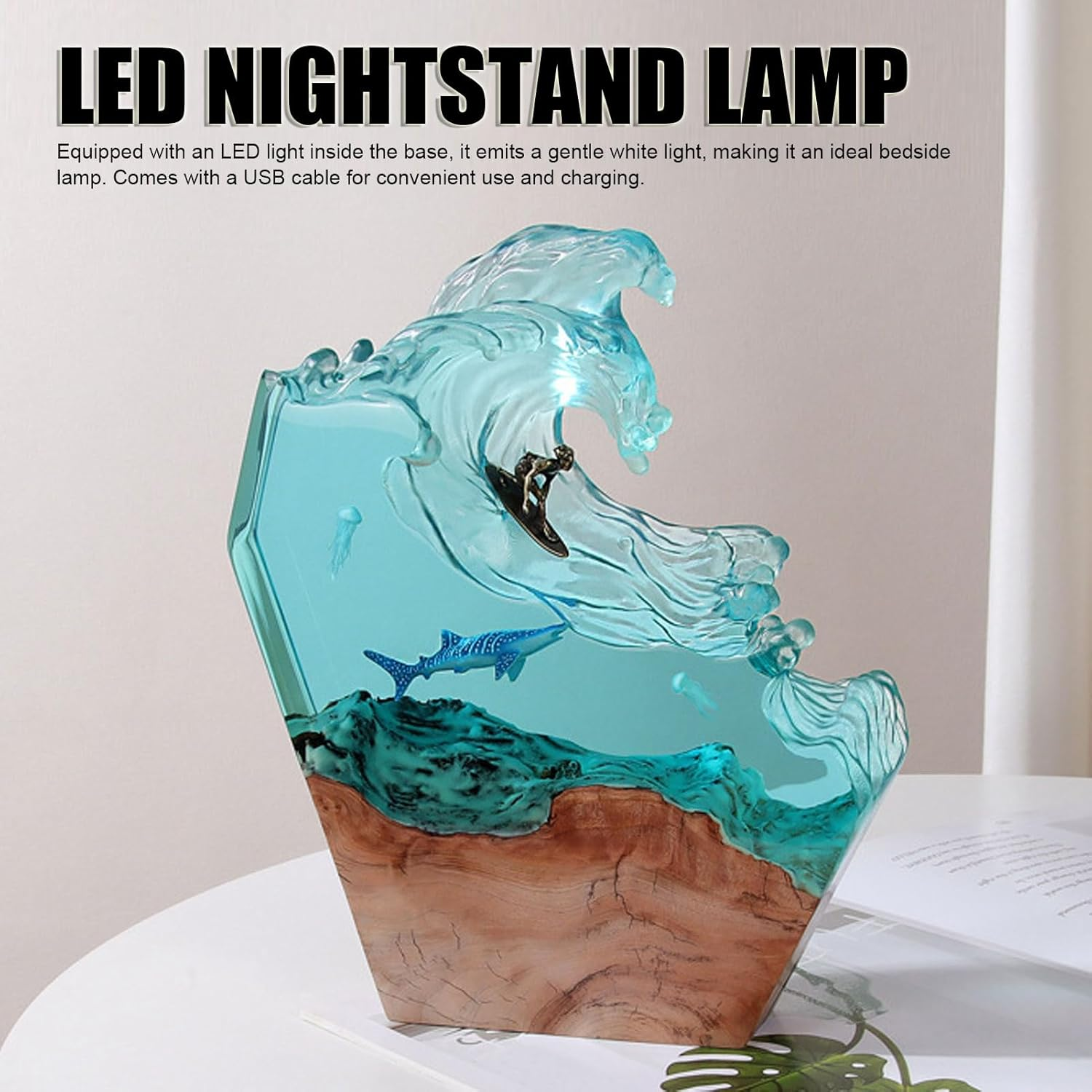 Jectse Ocean Surfing Night Light LED Resin Wood Handmade Bedside Table Lamp for Office Bedroom Decor, 6 Levels Brightness with USB Cable image number 2