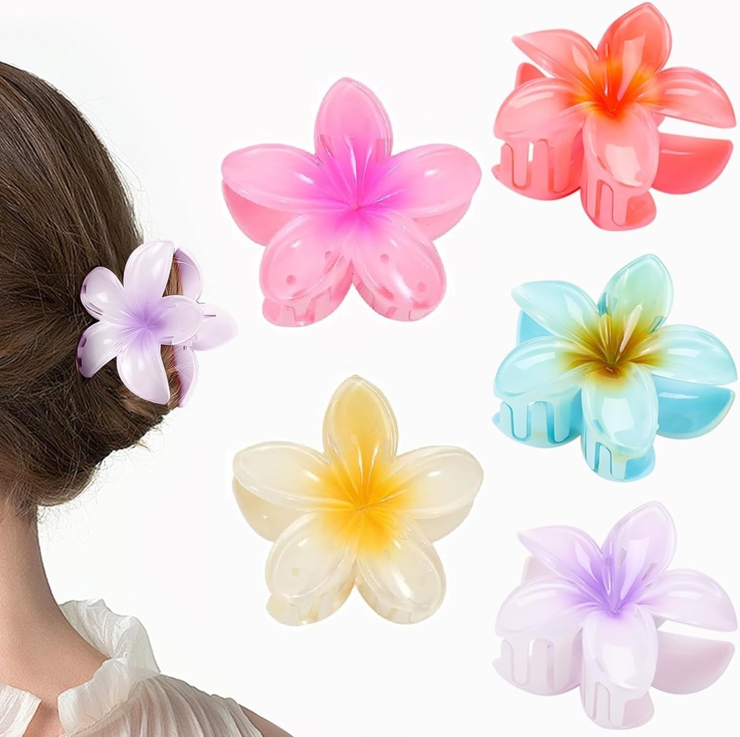 HONGECB Large Hair Clip, Plastic Claw Clips Women, Non-Slip Large Hair Clips, Hair Accessories for Women Girls for Different Hair Types, Multiple Colours (Flowers - 5 Pieces)