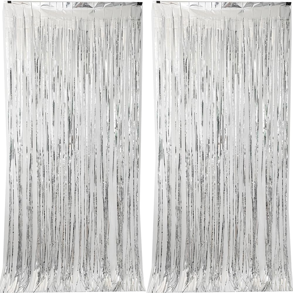 CYBERNOVA 2 Pack Fringe Curtain Backdrop, 3.2Ft X 6.6Ft Metallic Tinsel Foil Fringe Streamers Curtains Background for Wedding Birthday Anniversary Graduation Party Decoration (Silver) - Blue image number 2