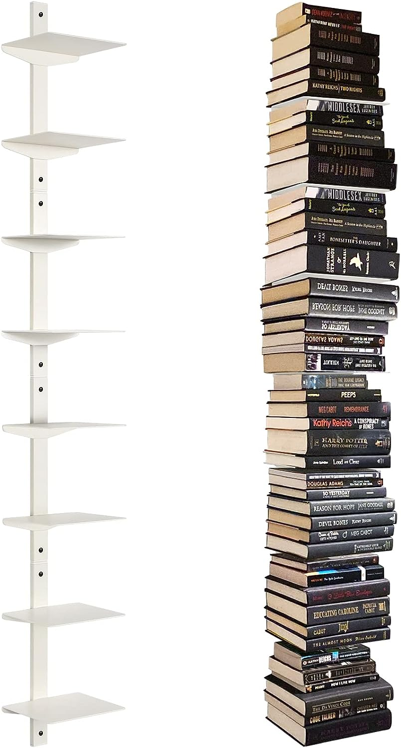 4PC-8 Tier Floating Book Shelves, Modern Wall Mount, White, 4 Shelves