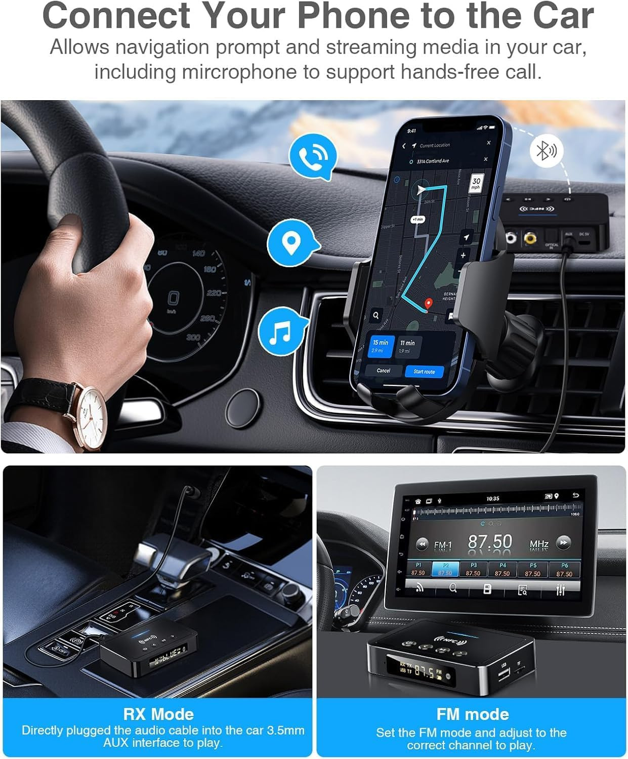 Bluetooth Transmitter, Beedove 3 in 1 Bluetooth 5.0 Transmitter Receiver Adapter, Wireless Audio Adapter with RCA/AUX Cable for Home Stereo/Speaker/Pc/Headphones image number 5