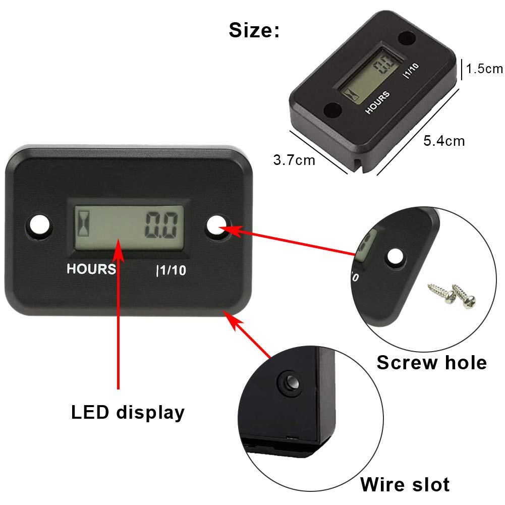 Inductive Hour Meter, Floor88 Waterproof LCD Digital Tach Hour Meter Inductive Hour Tachometer for Marine Motorcycle ATV Snowmobile Boat Ski Dirt Bike Lawn Mower Gas Engine Generator (Black) - Red image number 7