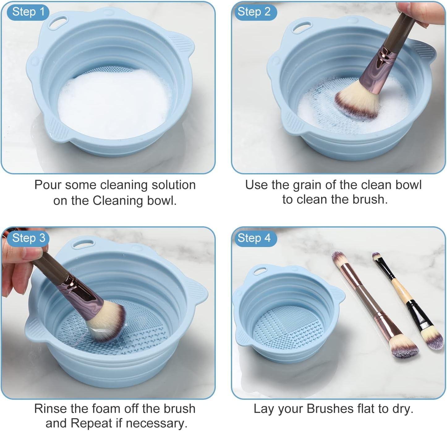 Foldable Silicone Makeup Brush Cleaner Bowl - Etercycle Portable Cleaning Tool for Brushes, Powder Puffs, and Sponges (Blue) - Blue image number 3