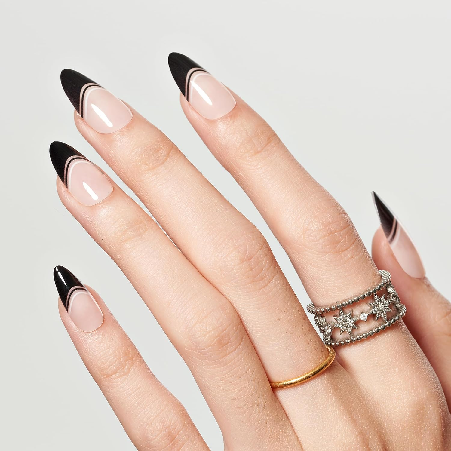 GLAMERMAID Black False Nails - French Tip Almond, 24 Pcs Reusable Stick on Nails Kit for Women Salon