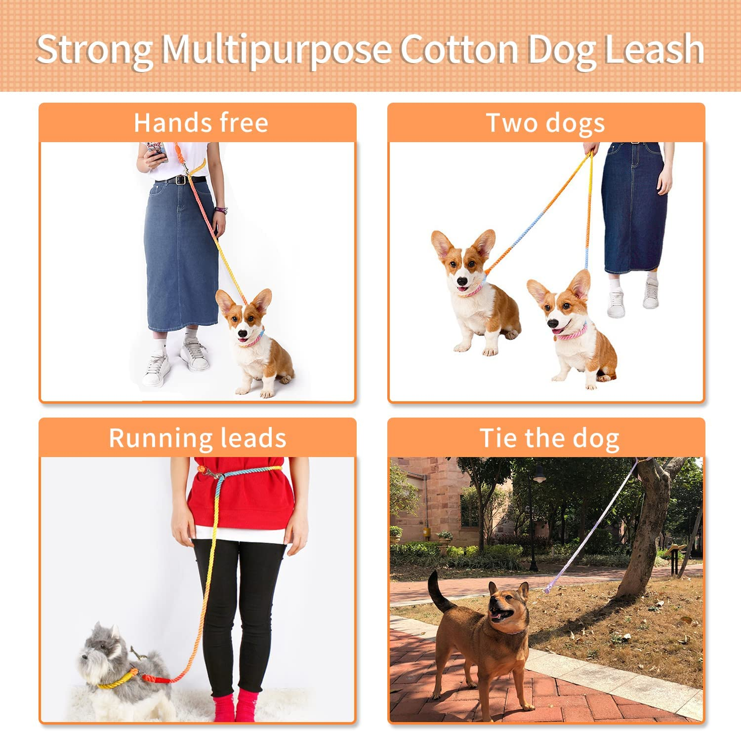 Hands Free Rope Dog Leash 7.5 FT with Adjustable Double Swivel Hook for Small Medium and Large Dogs Running Hiking Camping Walking (Cherry Blossom)