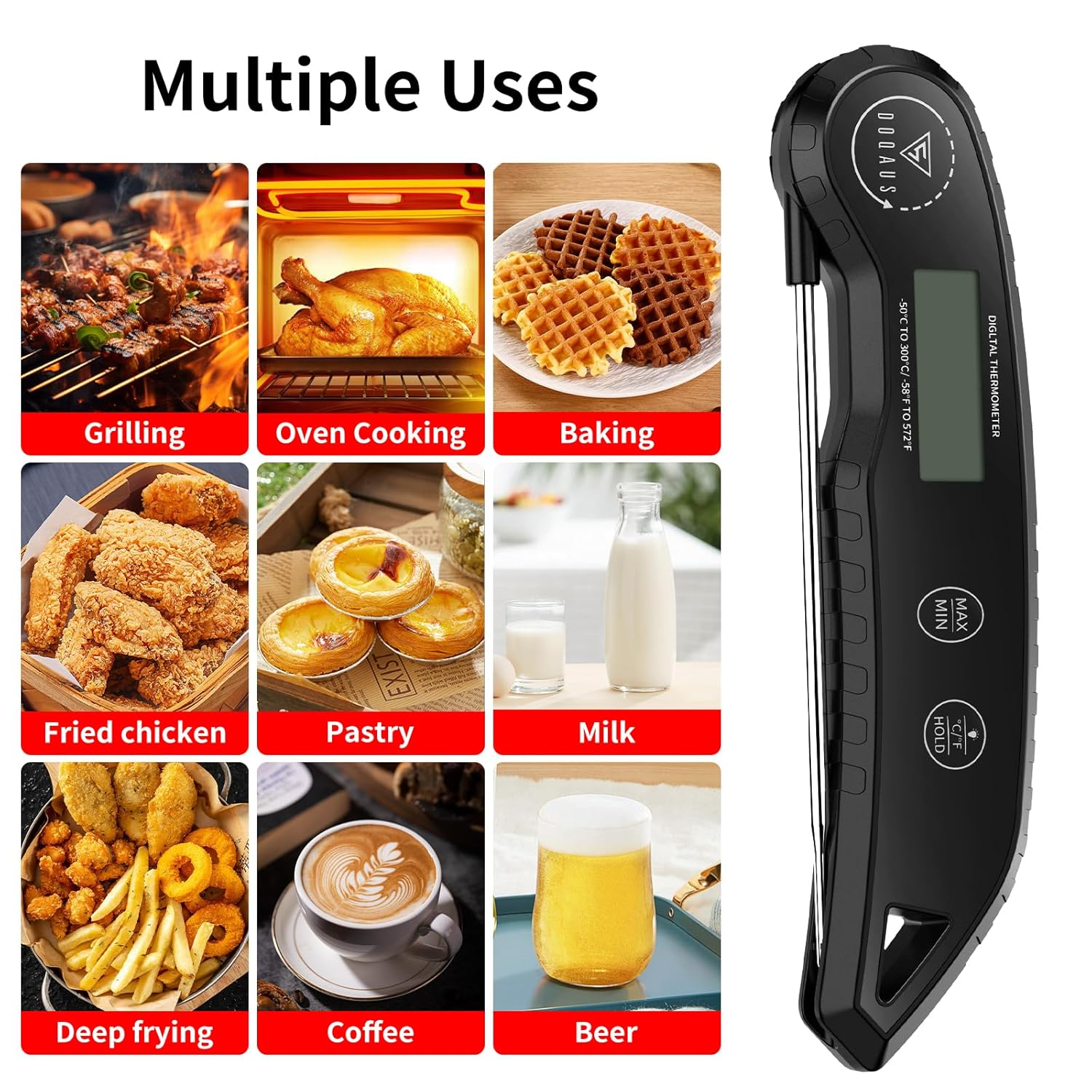 DOQAUS Meat Thermometers, 3S Instant Read Food Thermometer with &plusmn;0.5℃ Precision, Backlit LCD, 12Cm Stainless Food Probe, Auto On/Off Meat Thermometer Probe for Cooking, Baking, BBQ, Water, Oil, Black image number 6