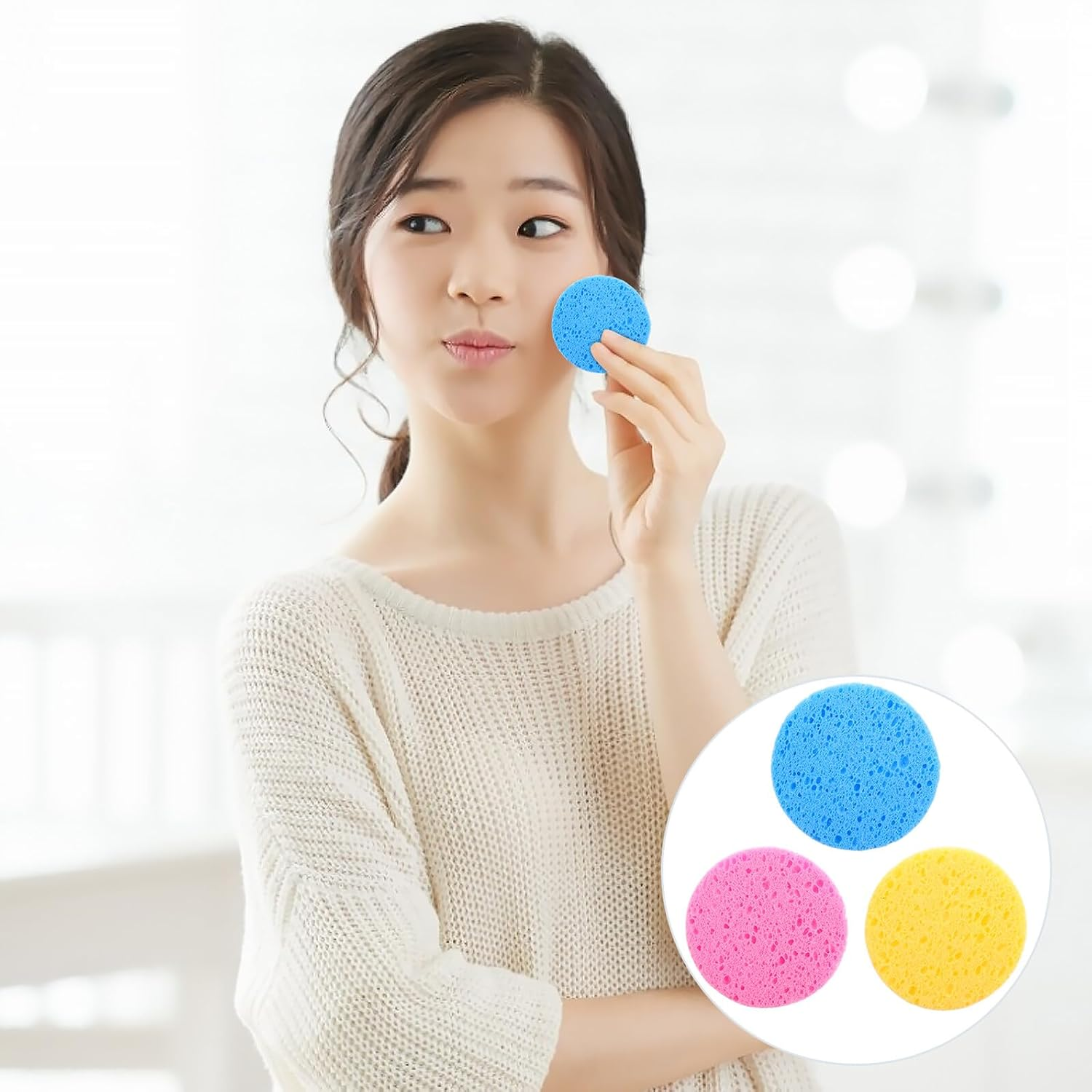 MUSISALY 30Pcs Facial Makeup Removal Sponges Gentle Exfoliating Cellulose Face Cleansing Pads for Deep Pore Cleaning Oil Removal and Smooth Skin Includes Pink Blue Pads image number 5