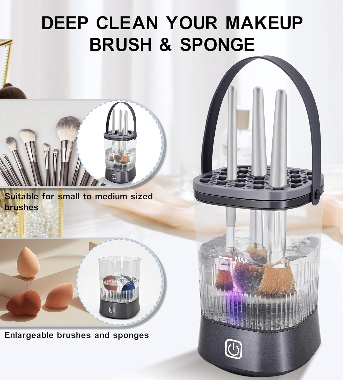 YOKONICO Makeup Brush Cleaner - 9000 RPM Electric Brush Cleaning Machine with 1200 Mah Rechargeable, IP65 Waterproof Automatic Makeup Brush Cleaner for Makeup Sponges and Brushes (Gunmetal Grey)