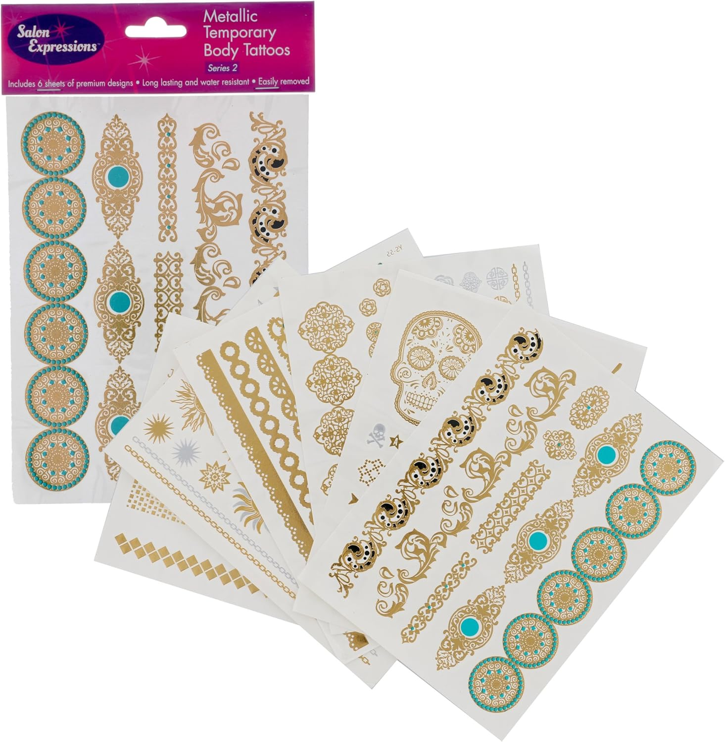 Metallic Temporary Tattoos- Six Sheets of Gold and Silver Long Lasting Flash Fashion Designs Series 5 Series 5 image number 2