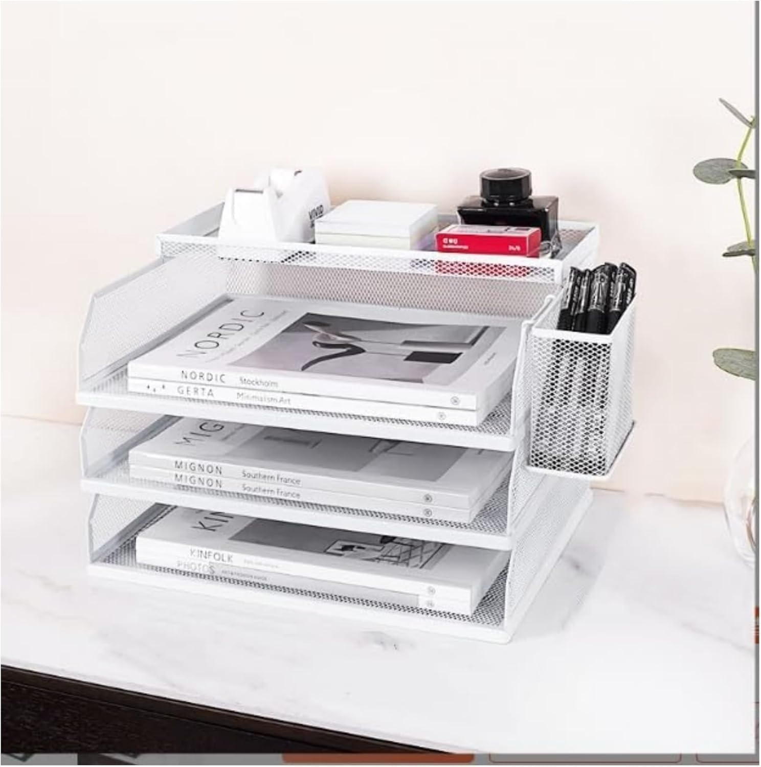 Desk File Organiser, 3 Tier Drawable Storage Rack with Top Box Letter Tray Paper Organiser with Pen Holder and Metal Hanging Basket, Simple and Stylish Office Supplies, White (Horizontal)