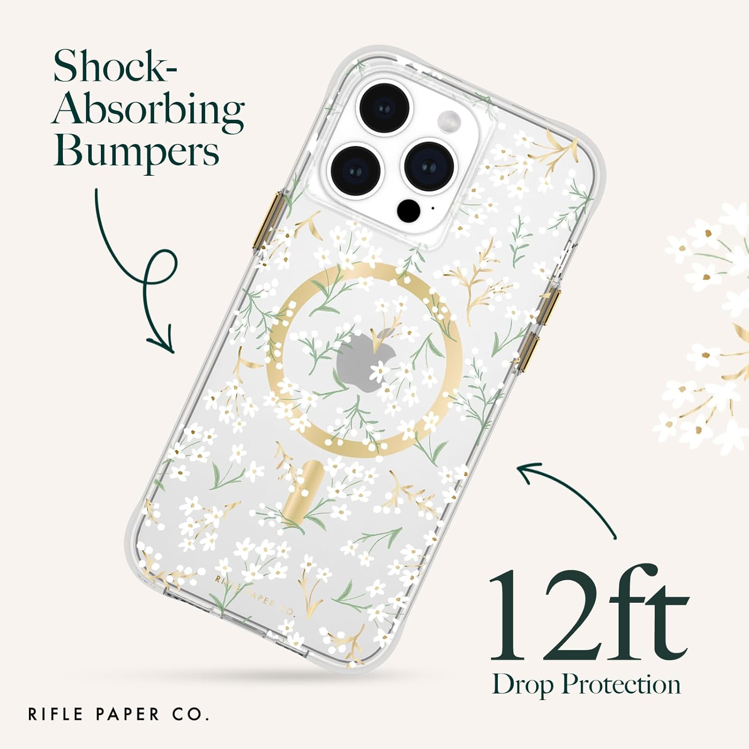 Rifle Paper Co. Iphone 15 Pro Max Case [Compatible with Magsafe] [12Ft Drop Protection] Cute Iphone Case 6.7" with Floral Pattern, Anti-Scratch Tech, Shockproof Material, Slim Fit - Petite Fleurs