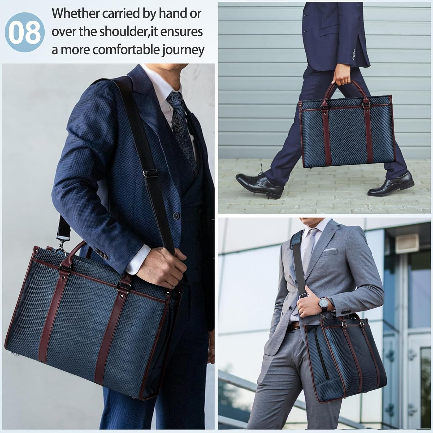 NEWHEY Laptop Bag 15.6 Inch Crossbody Bag for Man Waterproof Messenger Bag PU Leather Computer Bag Retro College Satchel Bag for Work,Business,Travel Black Navy - Blue image number 6