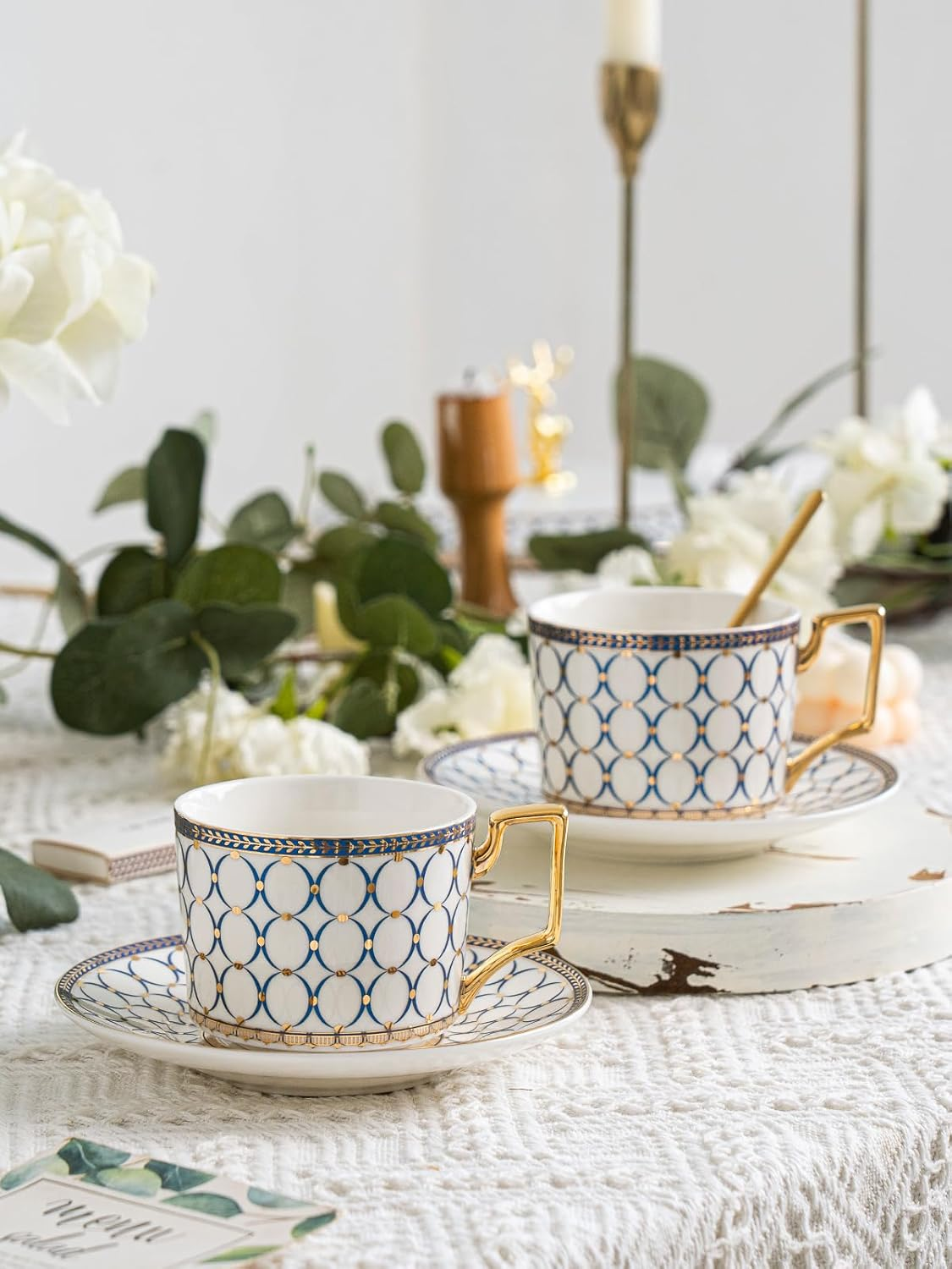 Cwlwgo-European Style Ceramic Coffe Cup and Saucer Sets, 7 Oz Bone China Beautifully Glazed Blue Gold Tea Cup Set, Golden Spoon,Cappuccino, Latte, Suitable for Women'S Gifts (4 Pack).&hellip;&hellip; image number 1