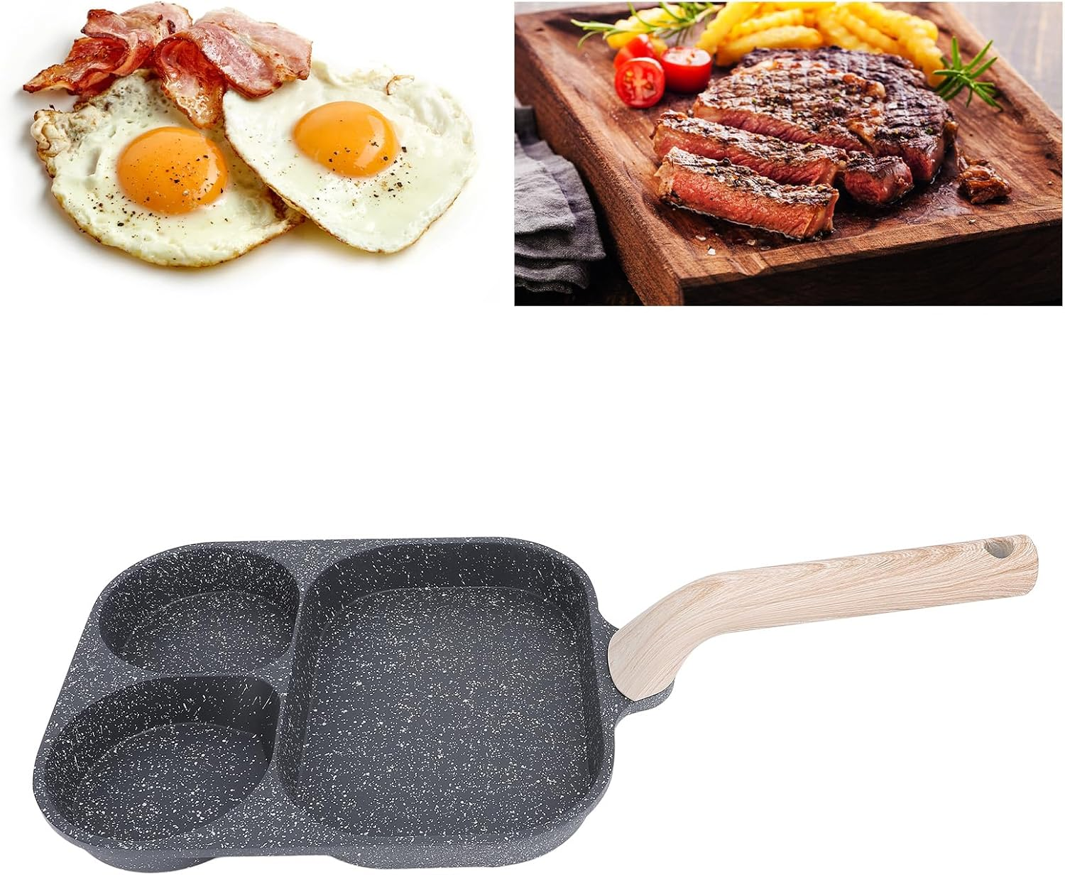 Multi Fuctional Pancake Pan - Stick Proof Egg Frying Pan & Steak Pan 2-In-1 with 2 Omelette Area + 1 Steak Section & Heat Resistant Handle for Breakfast (Double Bottom)